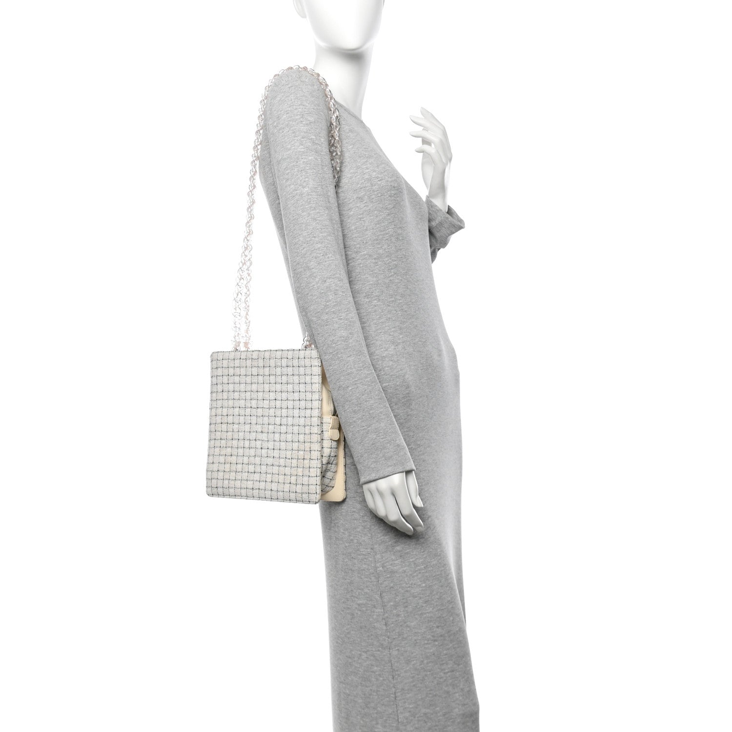 Tweed Resin Small Zipped Shopping Bag White Black