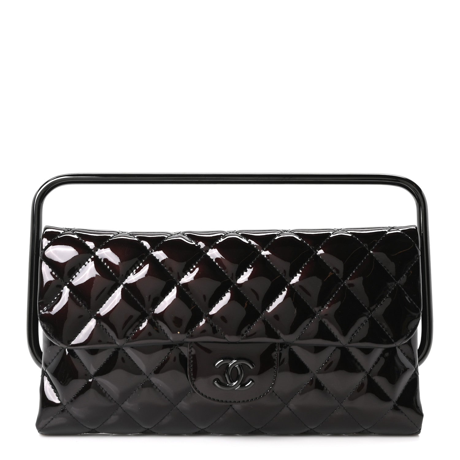 Patent Calfskin Quilted Metal Handle Clutch So Black