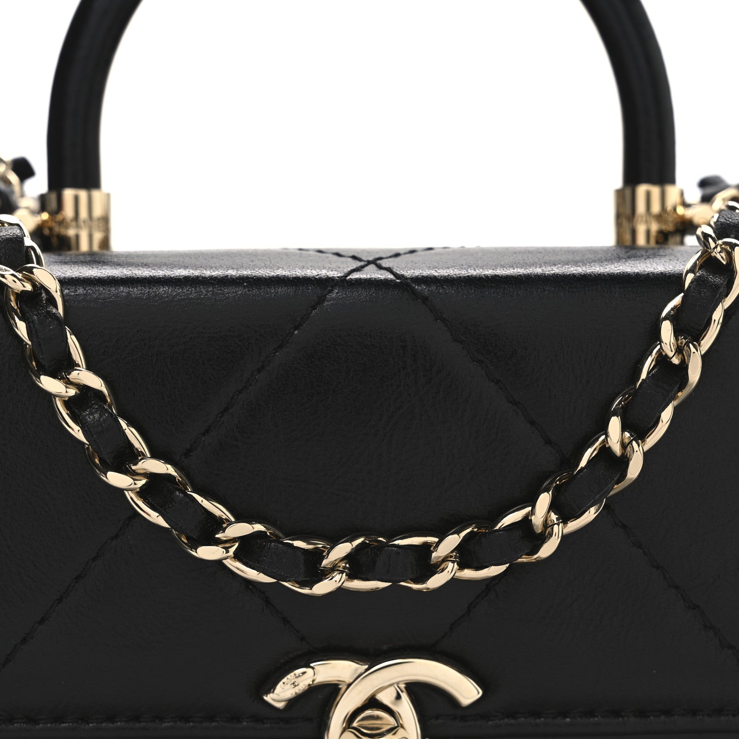 Shiny Calfskin Quilted CC Handle Vanity Flap Bag Black
