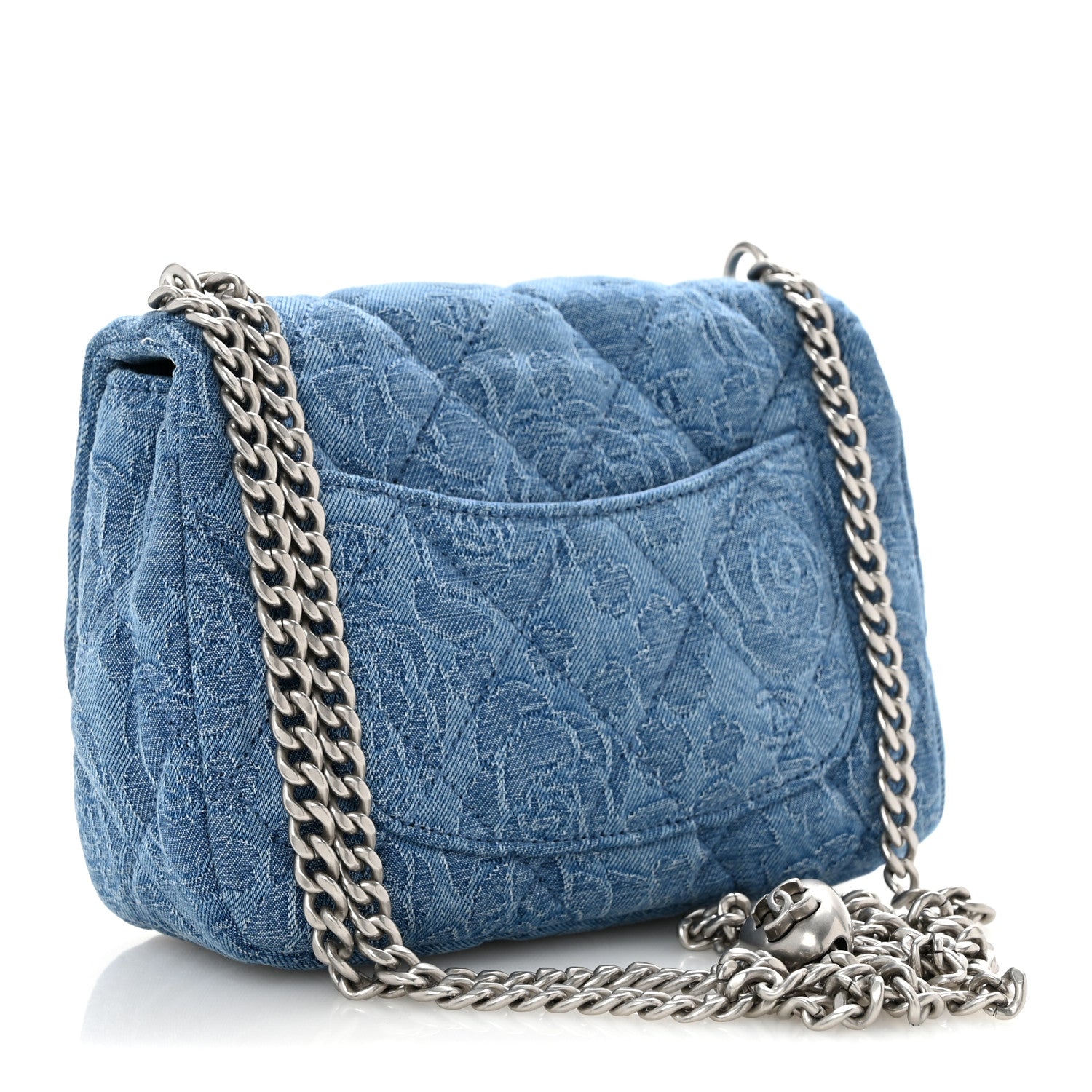 Denim Quilted Camellia Sweetheart Mini Flap Blue