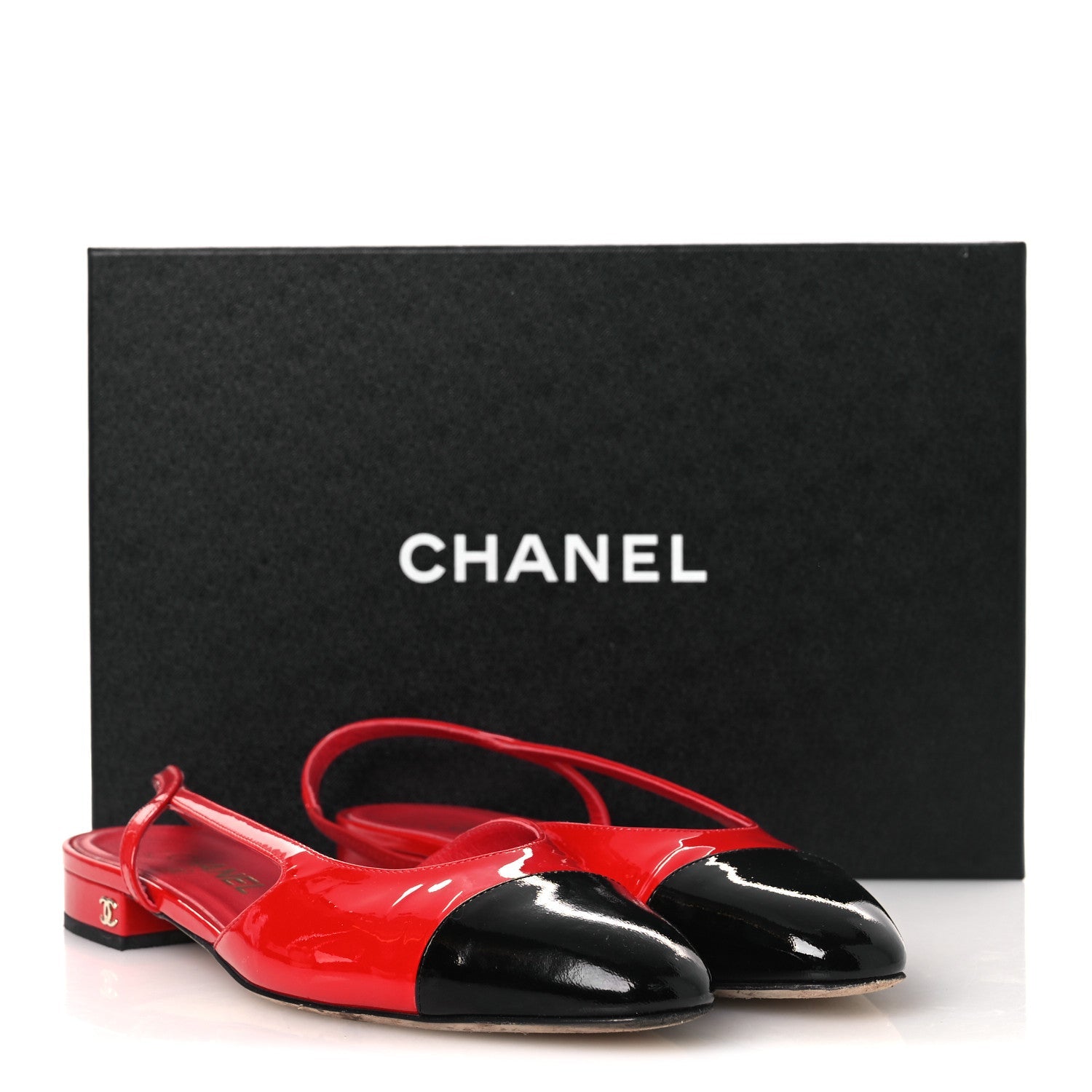 Patent Calfskin Cap Toe CC Slingback Flats 39 Red Black