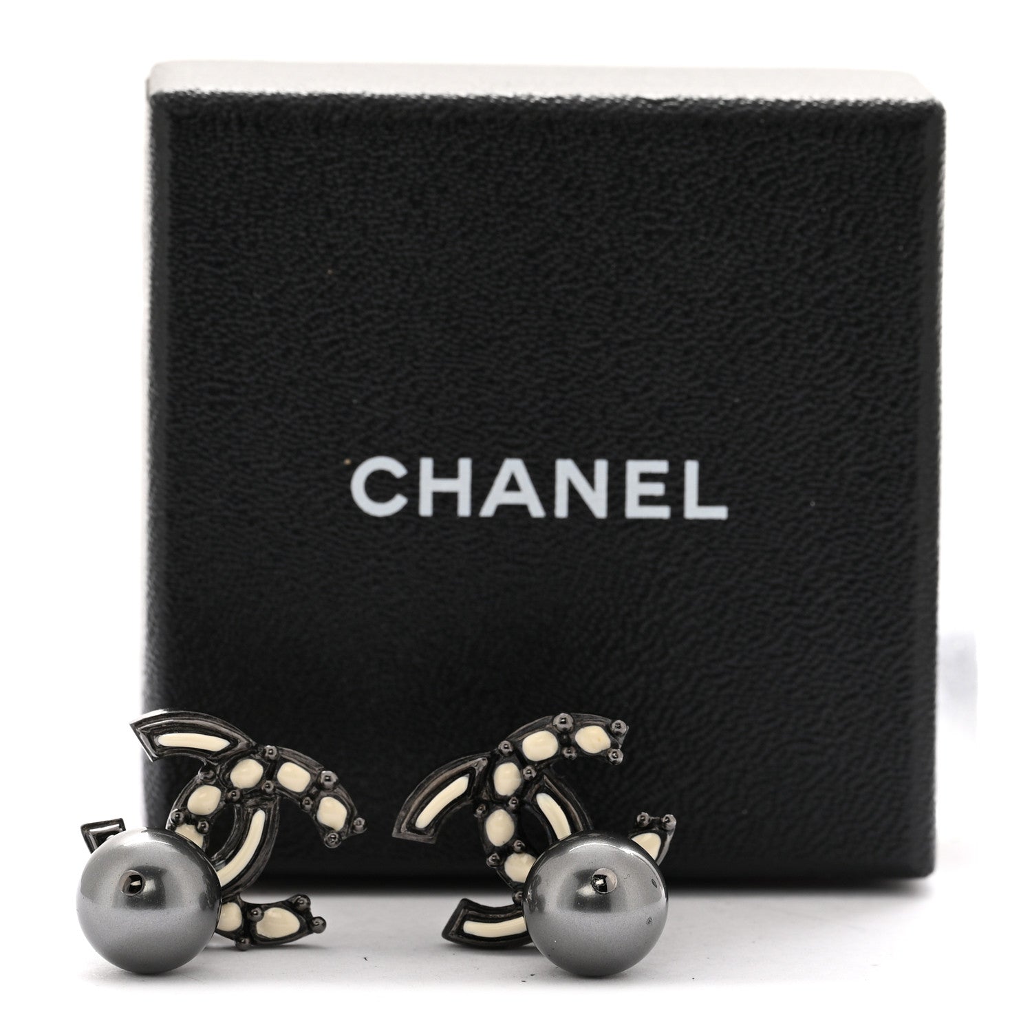 Enamel Bead CC Drop Clip On Earrings Ruthenium White