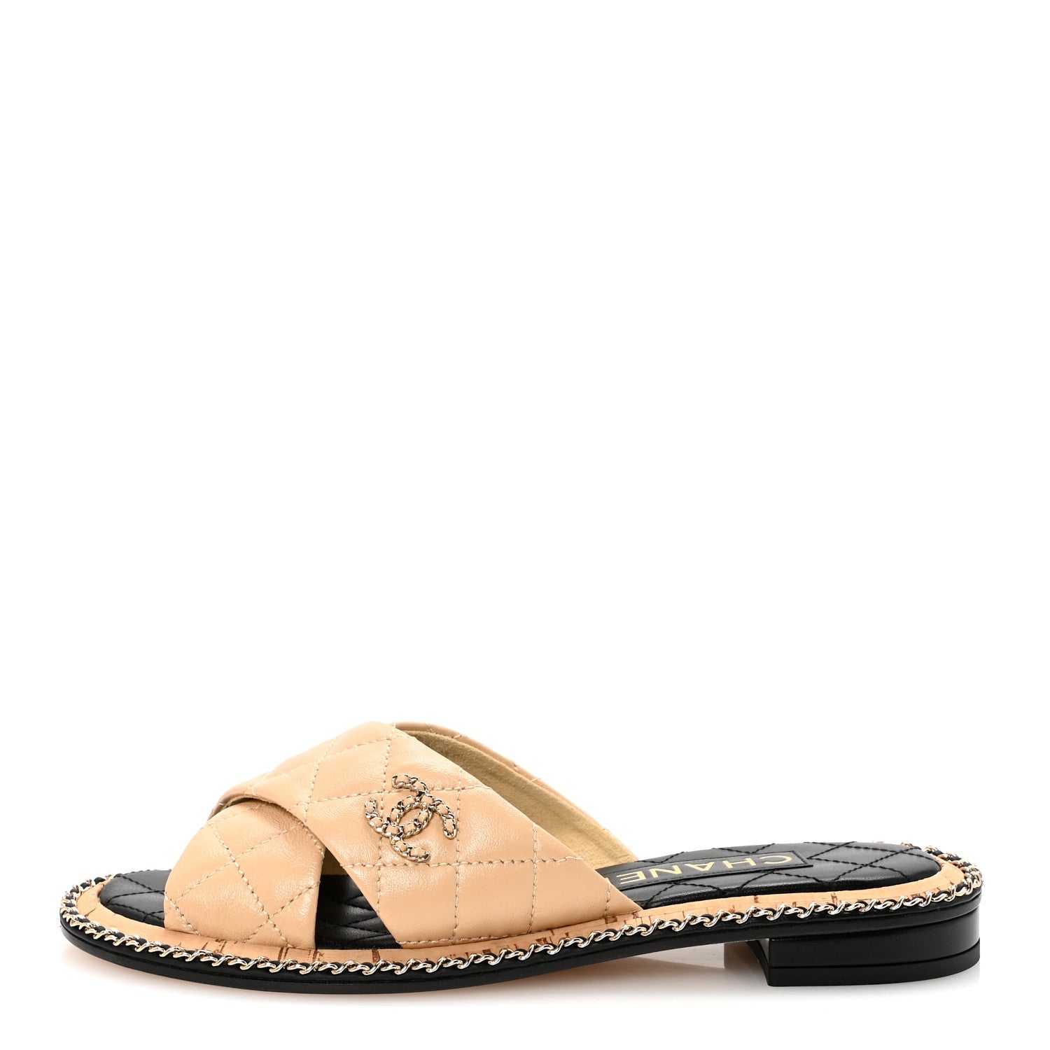 Shiny Lambskin Quilted Metal Chain CC Sandals 36.5 Beige