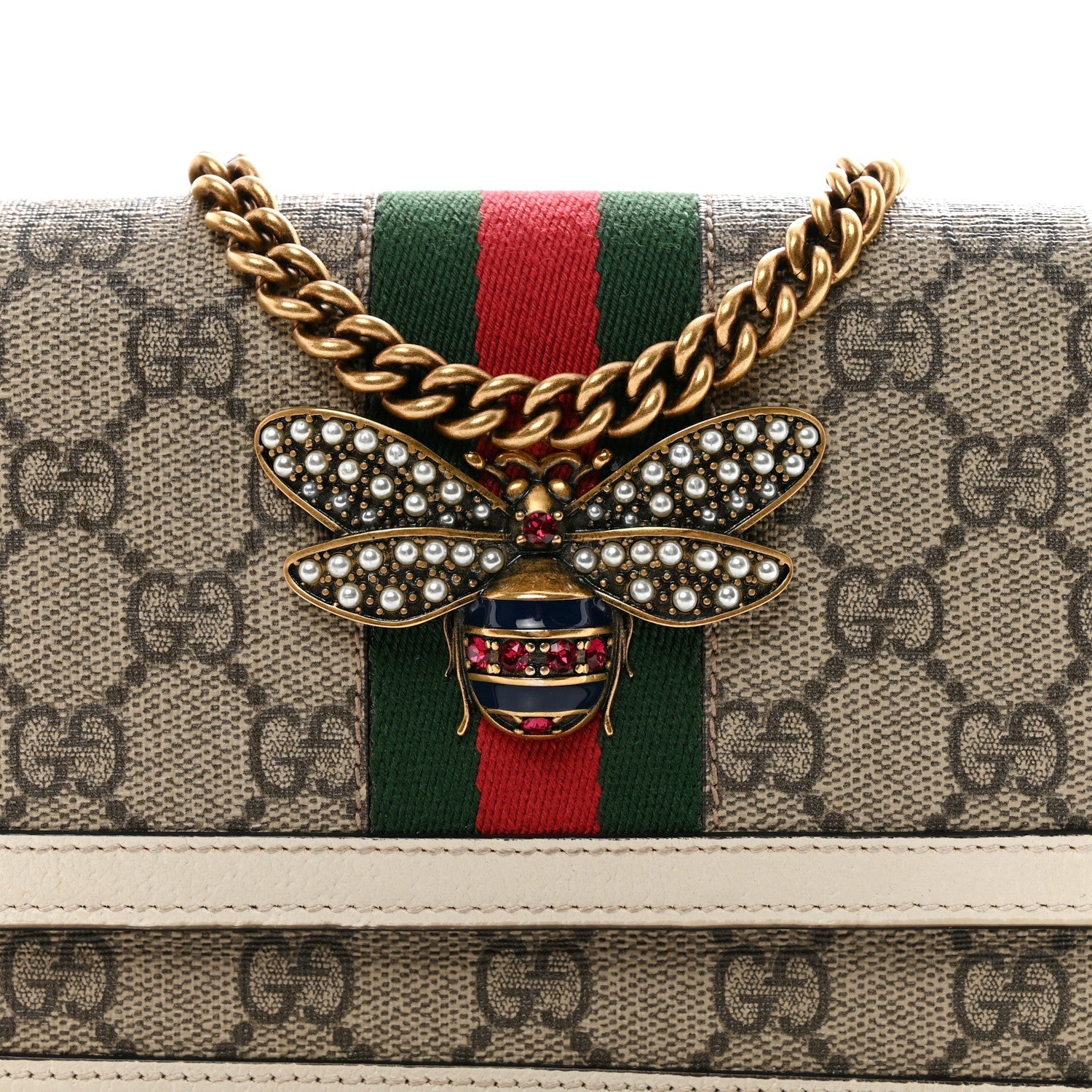 GG Supreme Monogram Web Queen Margaret Chain Wallet White