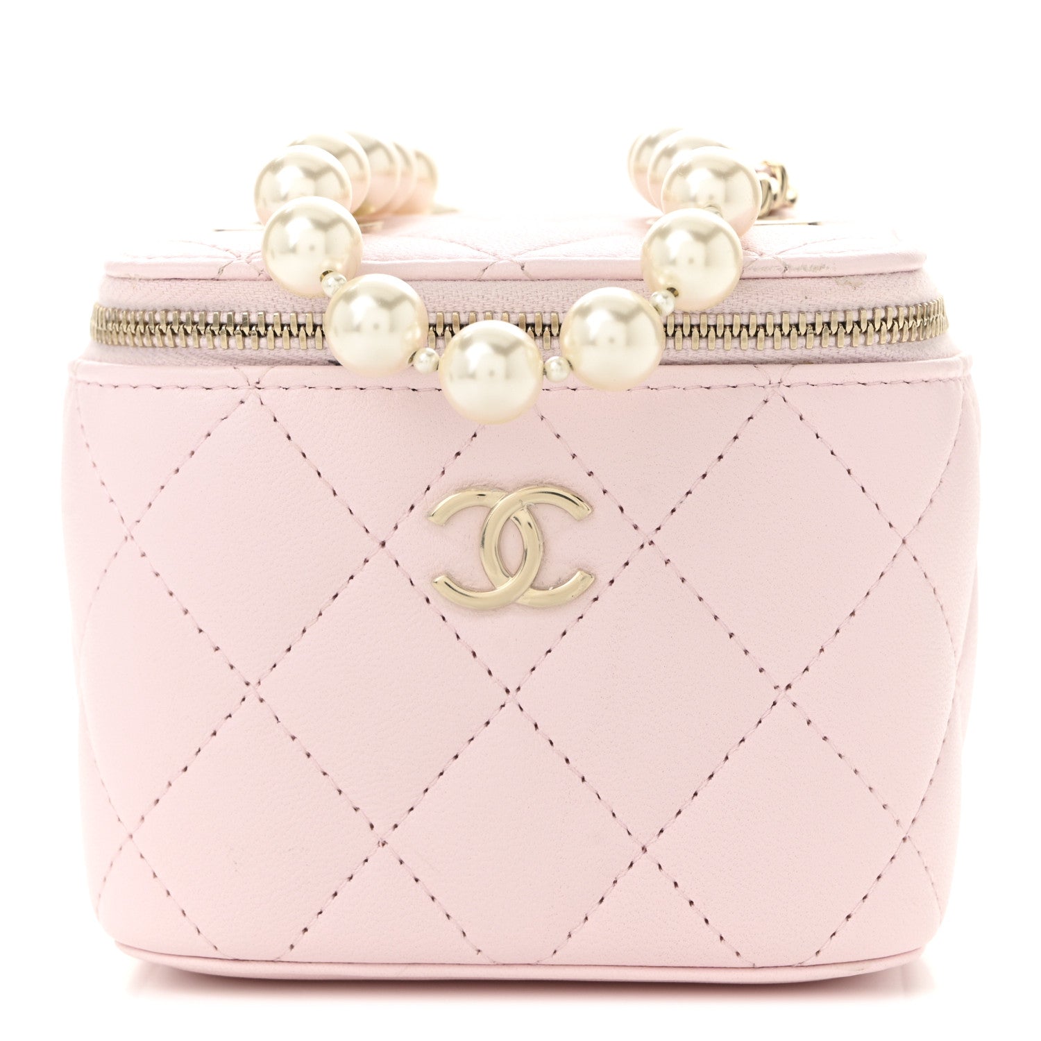 Lambskin Quilted Mini Vanity Case With Pearl Chain Light Pink