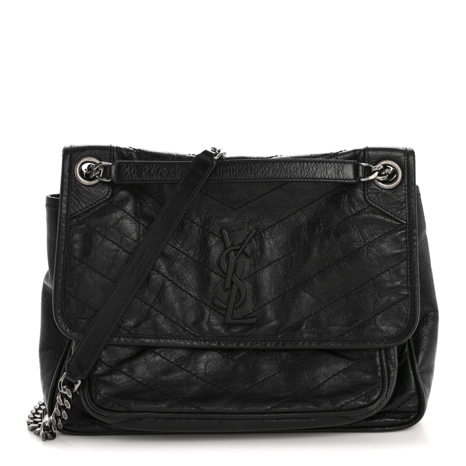 Crinkled Calfskin Matelasse Monogram Medium Niki Chain Satchel Black