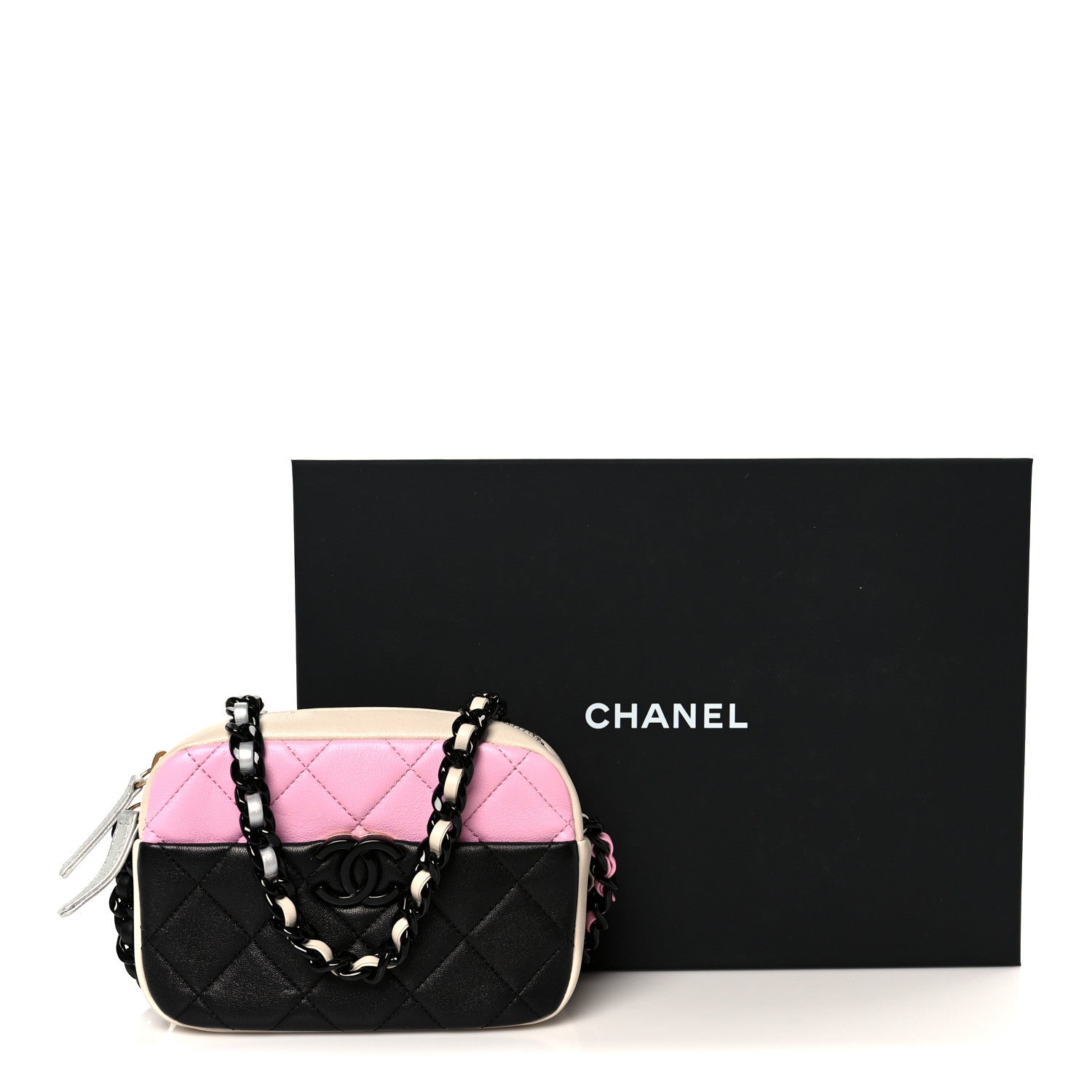 Shiny Lambskin Monochrome Chain Mini Camera Case Bag Pink Black Silver