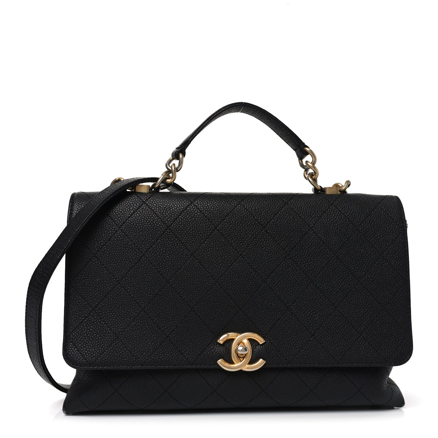 Caviar Diamond Stitched Top Handle Flap Black