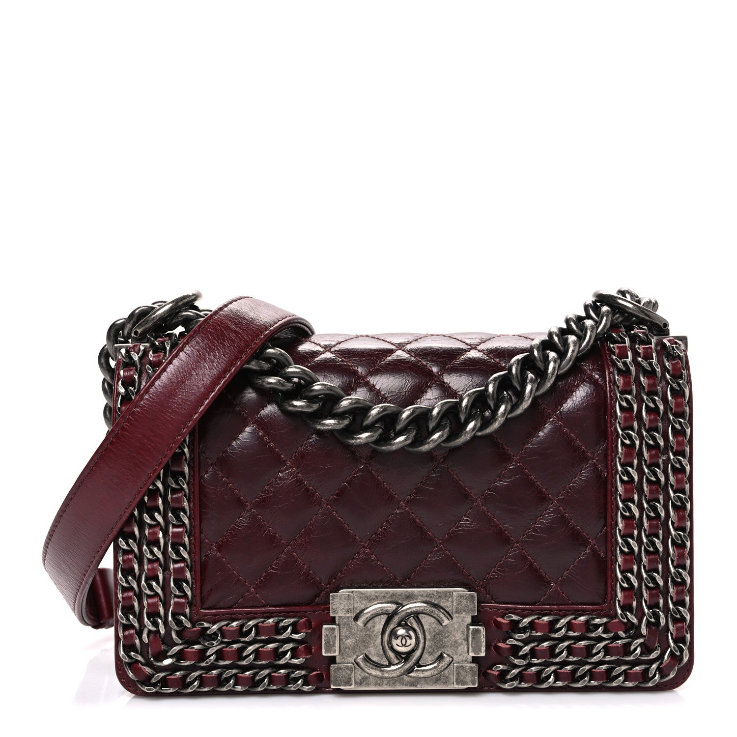 Glazed Calfskin Quilted Small Boy Chained Flap Burgundy