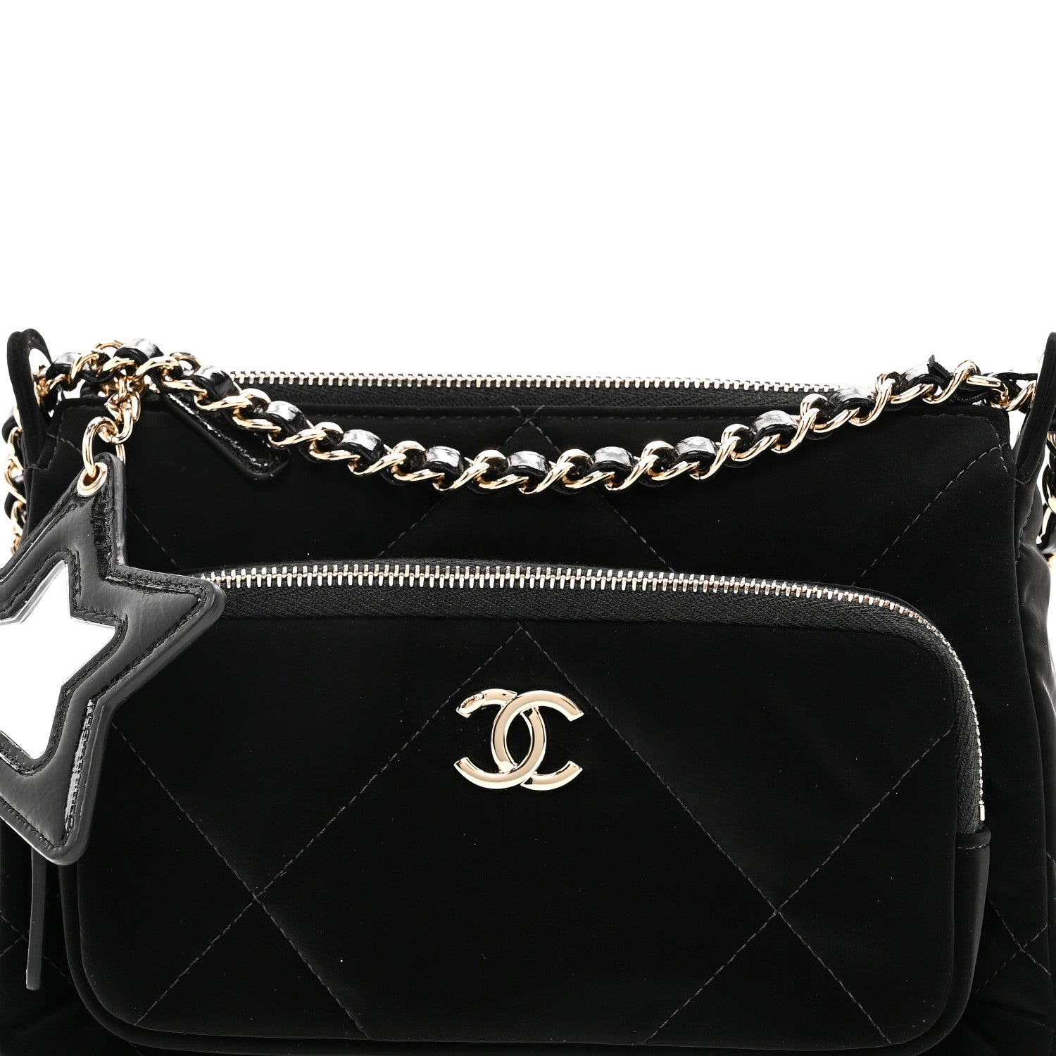 Velvet Effect Nylon Shiny Crumpled Calfskin Quilted Chanel 25 Clutch With Chain Black