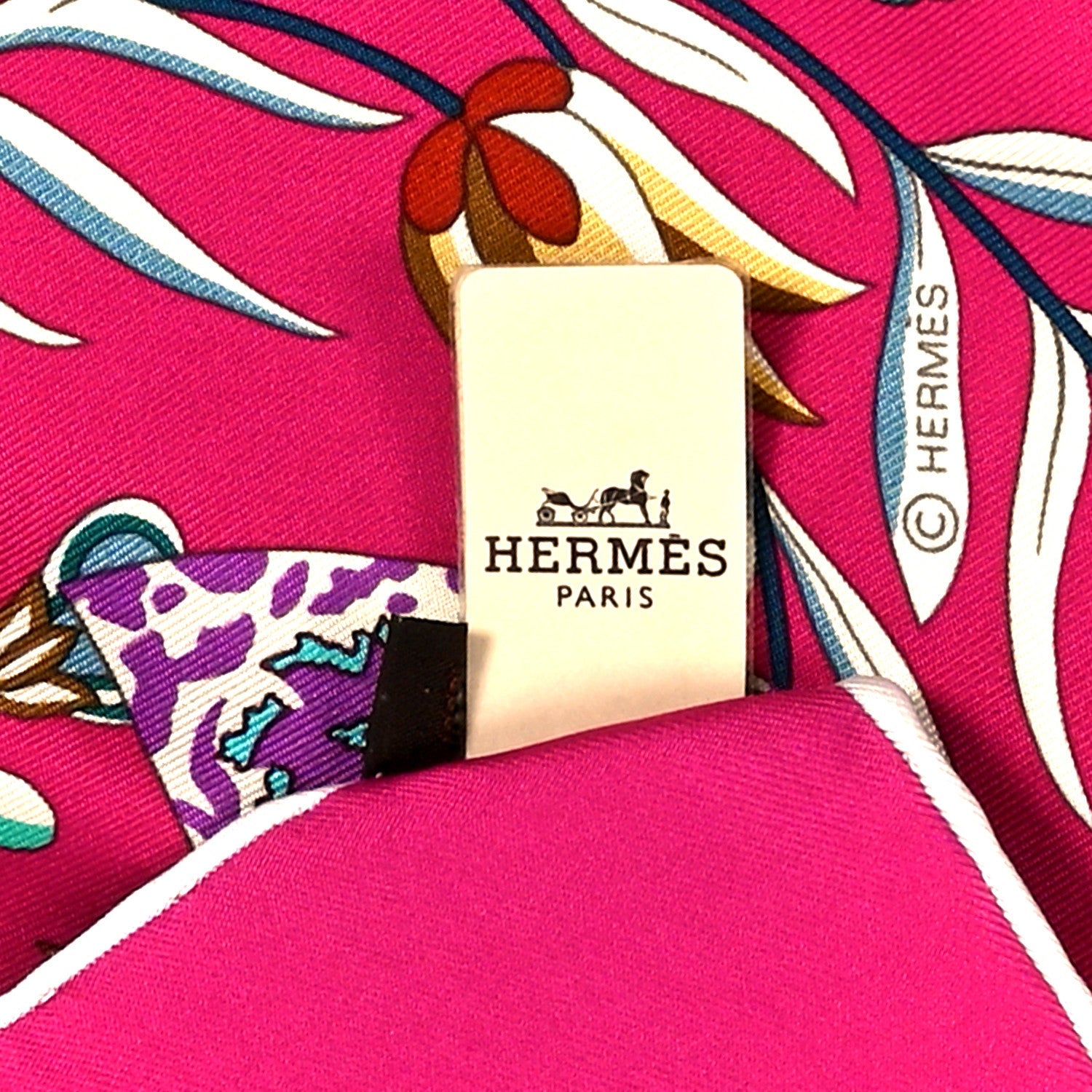 Silk Fleurs et Papillons de Tissus Scarf 90 Fuchsia Turquoise Creme