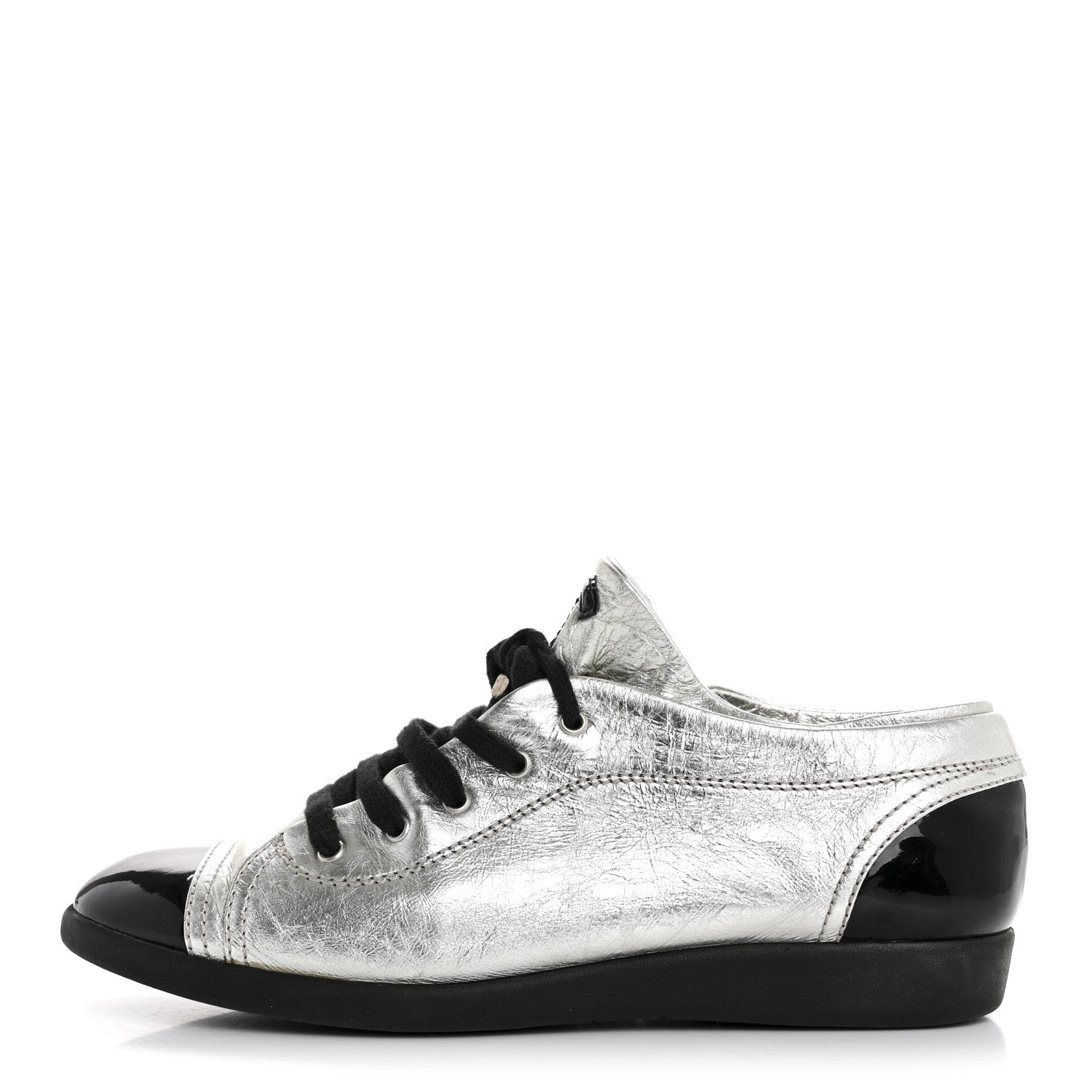 Metallic Lambskin Patent Cap Toe CC Sneakers 38.5 Silver Black