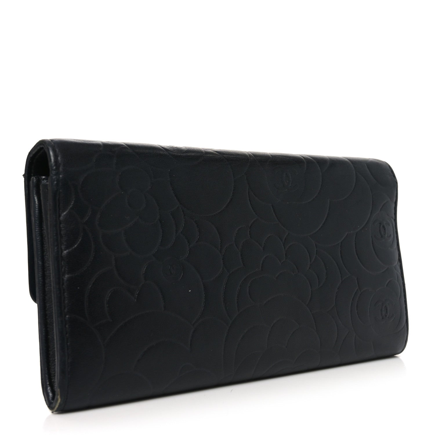 Lambskin Embossed Camellia Large Gusset Flap Wallet Black