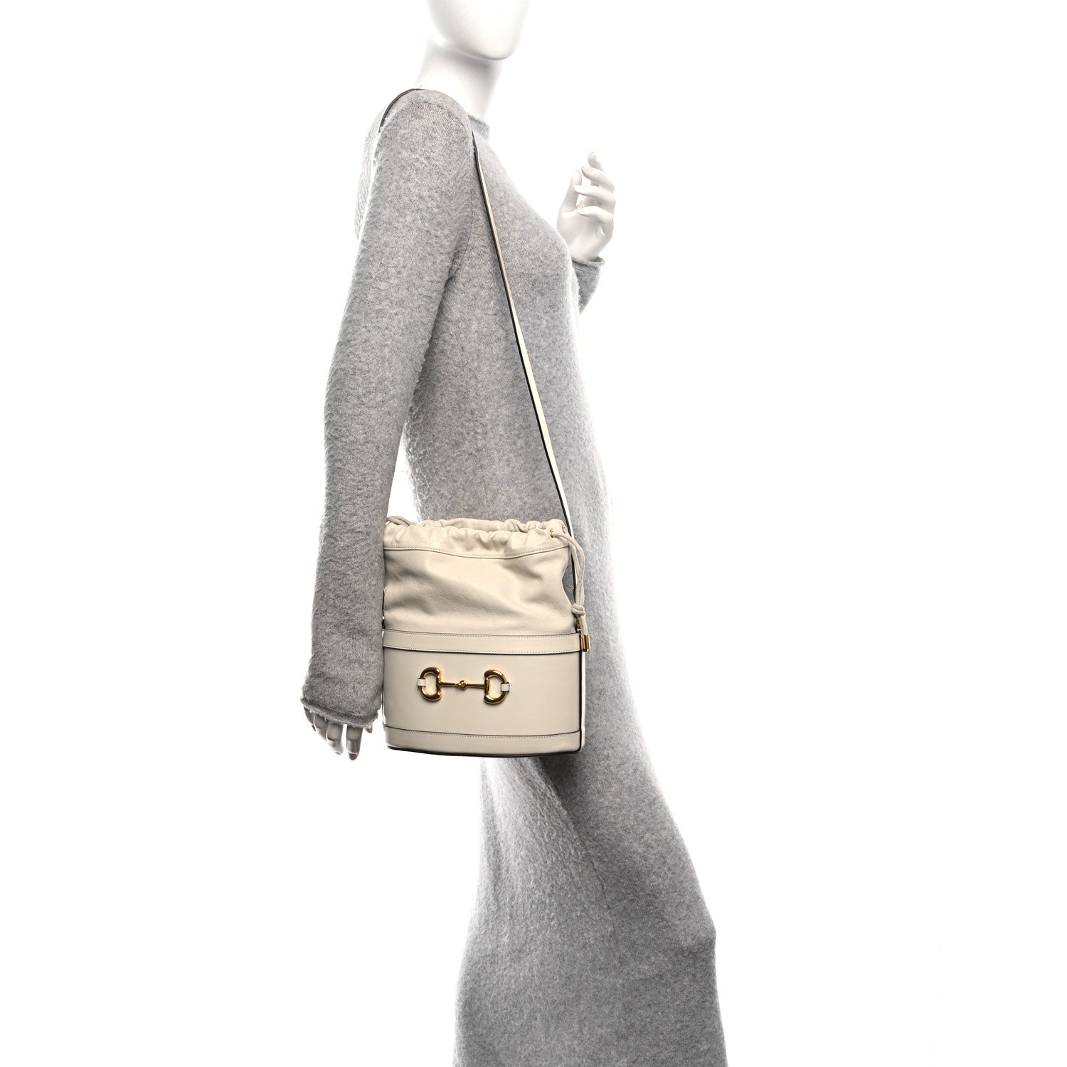 Azalea Sakai Calfskin Horsebit 1955 Drawstring Bucket Bag Mystic White