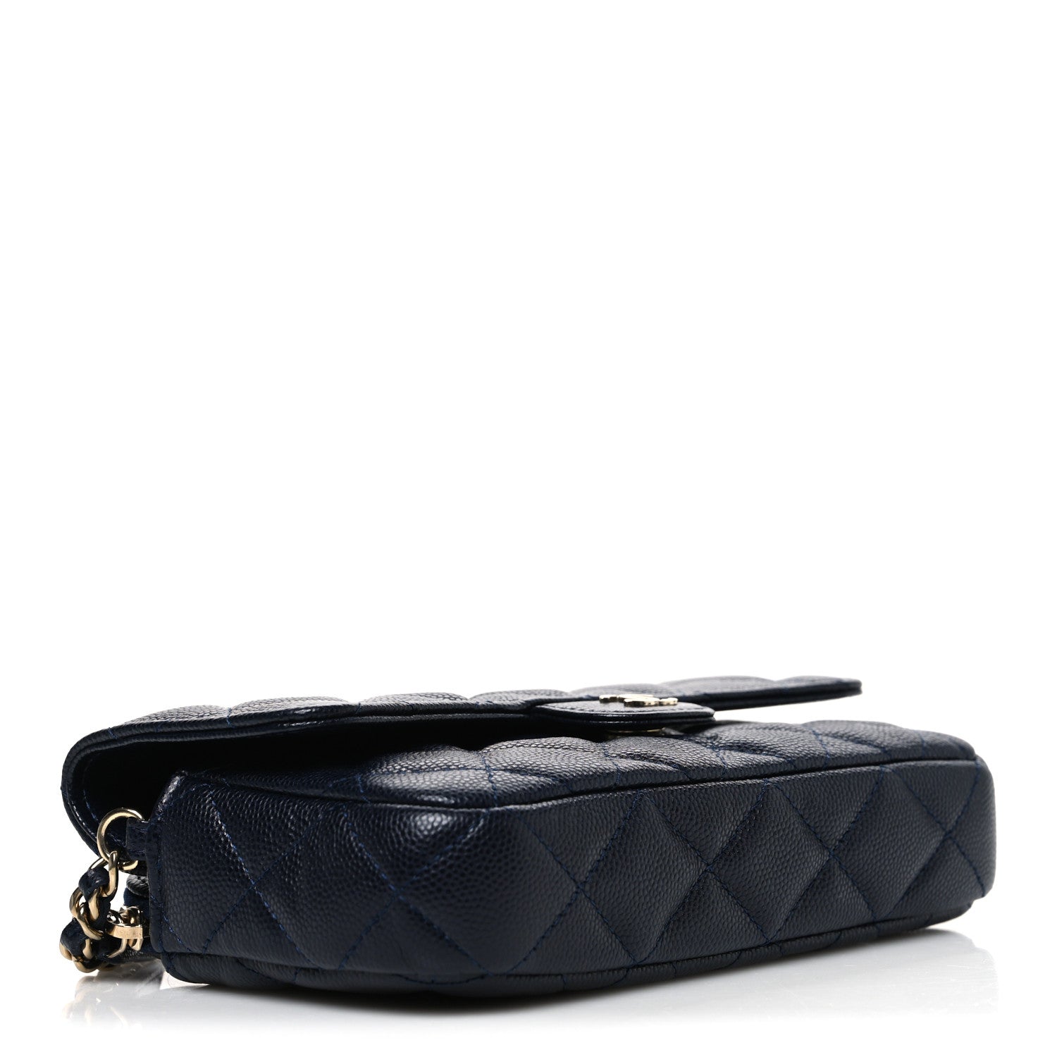 Caviar Quilted Flap Phone Holder With Chain Navy Blue