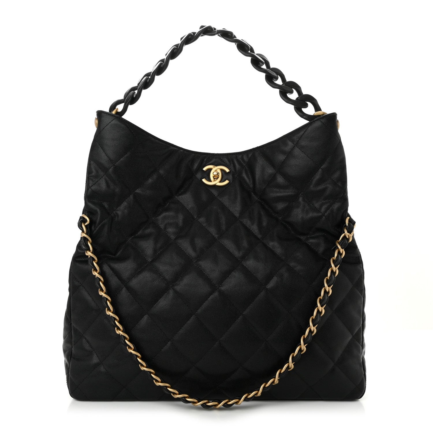 Caviar Quilted Fold Over Hobo Black