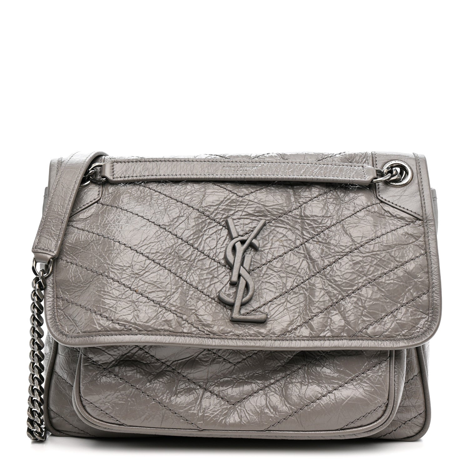 Crinkled Calfskin Matelasse Monogram Medium Niki Chain Satchel Storm
