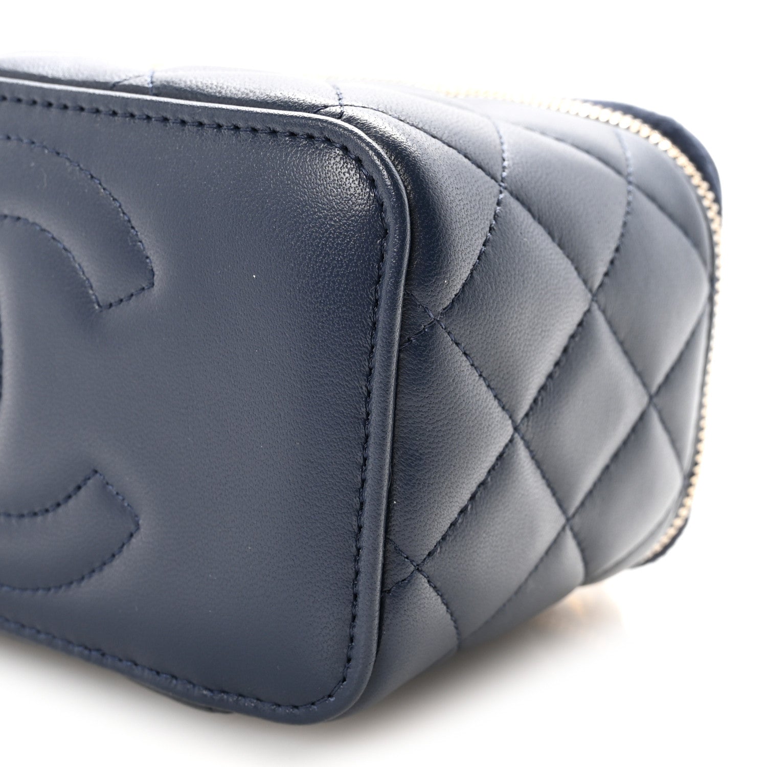 Lambskin Quilted Metal Small Top Handle Vanity Case With Chain Blue