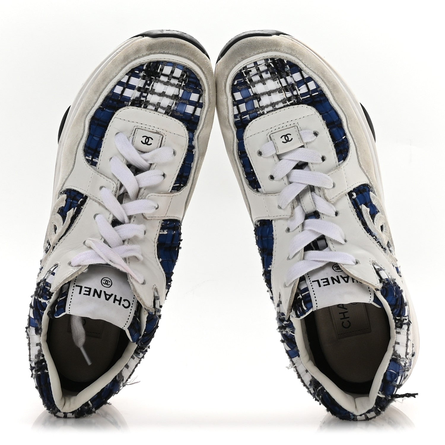 Tweed Suede Calfskin Womens CC Sneakers 39.5 Dark Blue Black Grey White