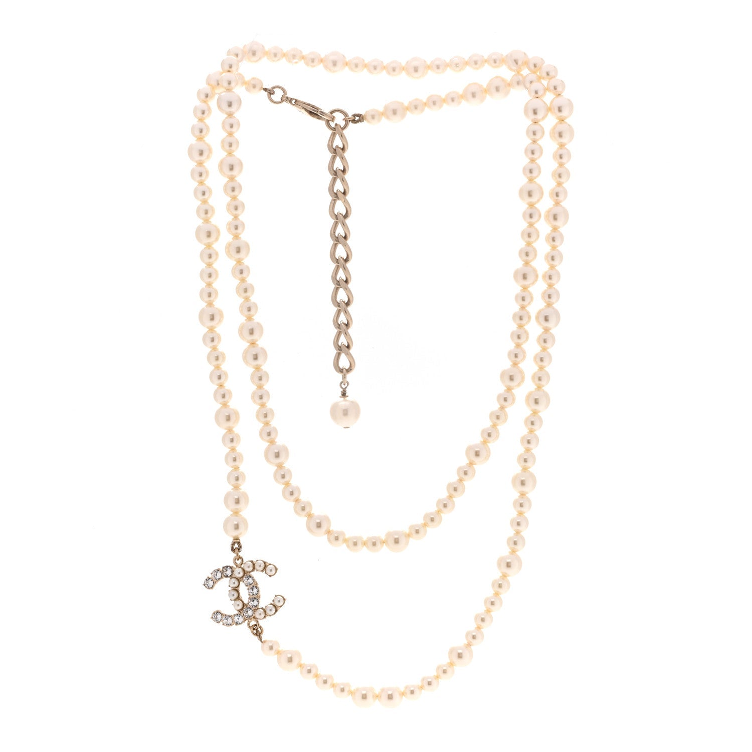 Pearl Baguette Crystal CC Long Necklace Gold