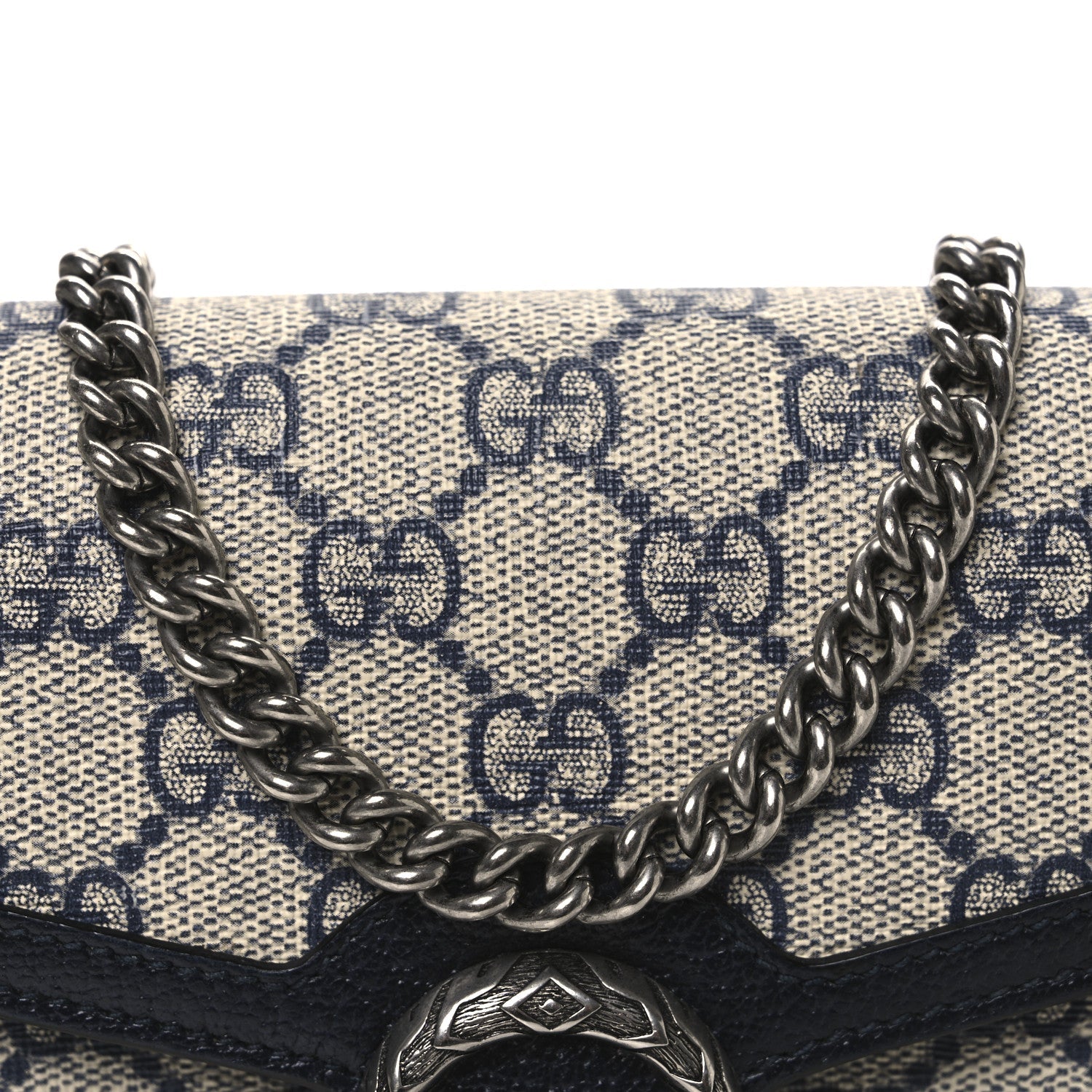 GG Supreme Monogram Textured Dollar Calfskin Mini Dionysus Chain Wallet Beige Blue