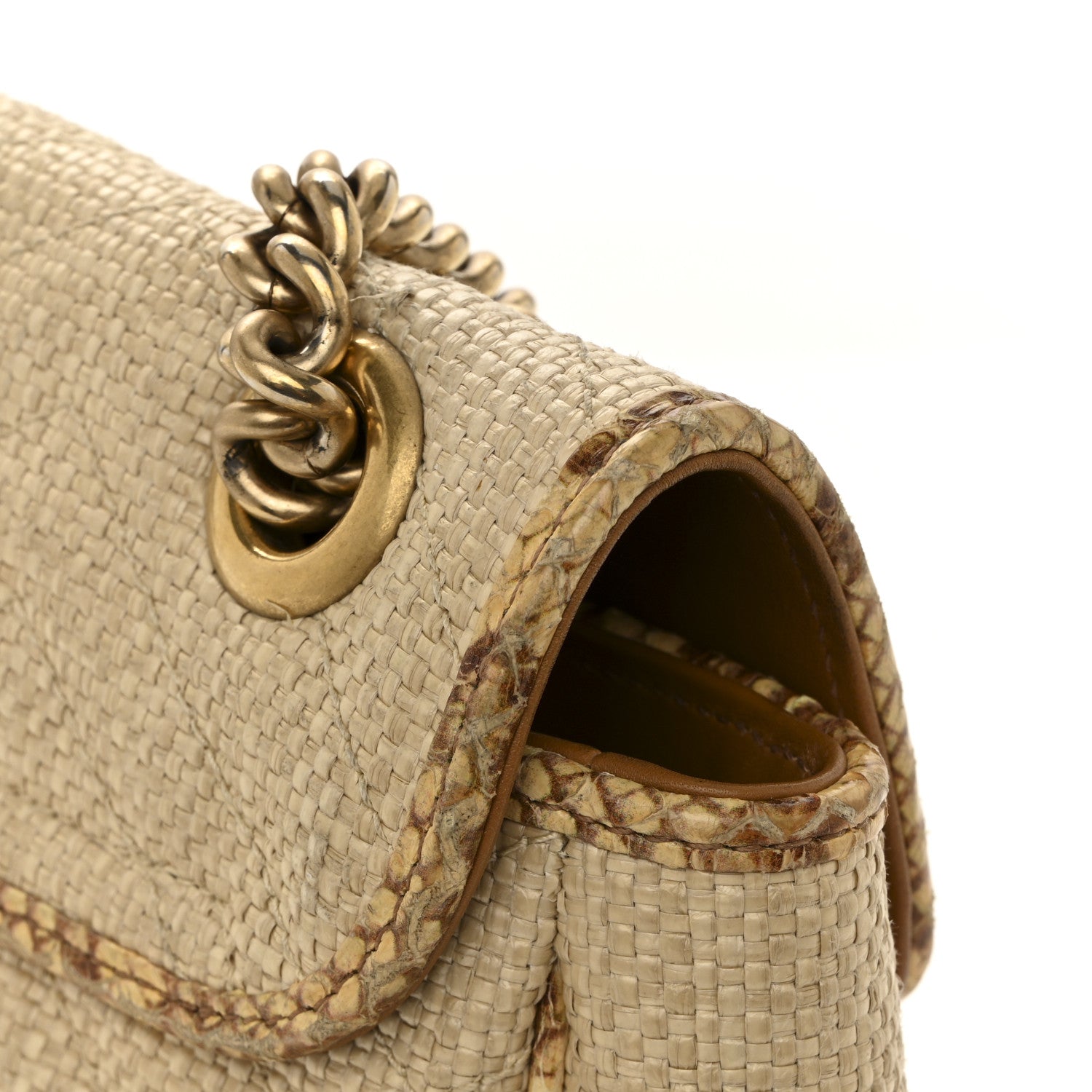Raffia Elaphe Matelasse Small GG Marmont Shoulder Bag Natural Cream Brown