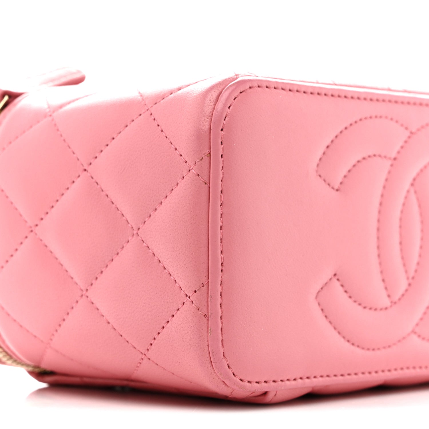 Lambskin Quilted Small Top Handle Vanity Case With Chain Pink