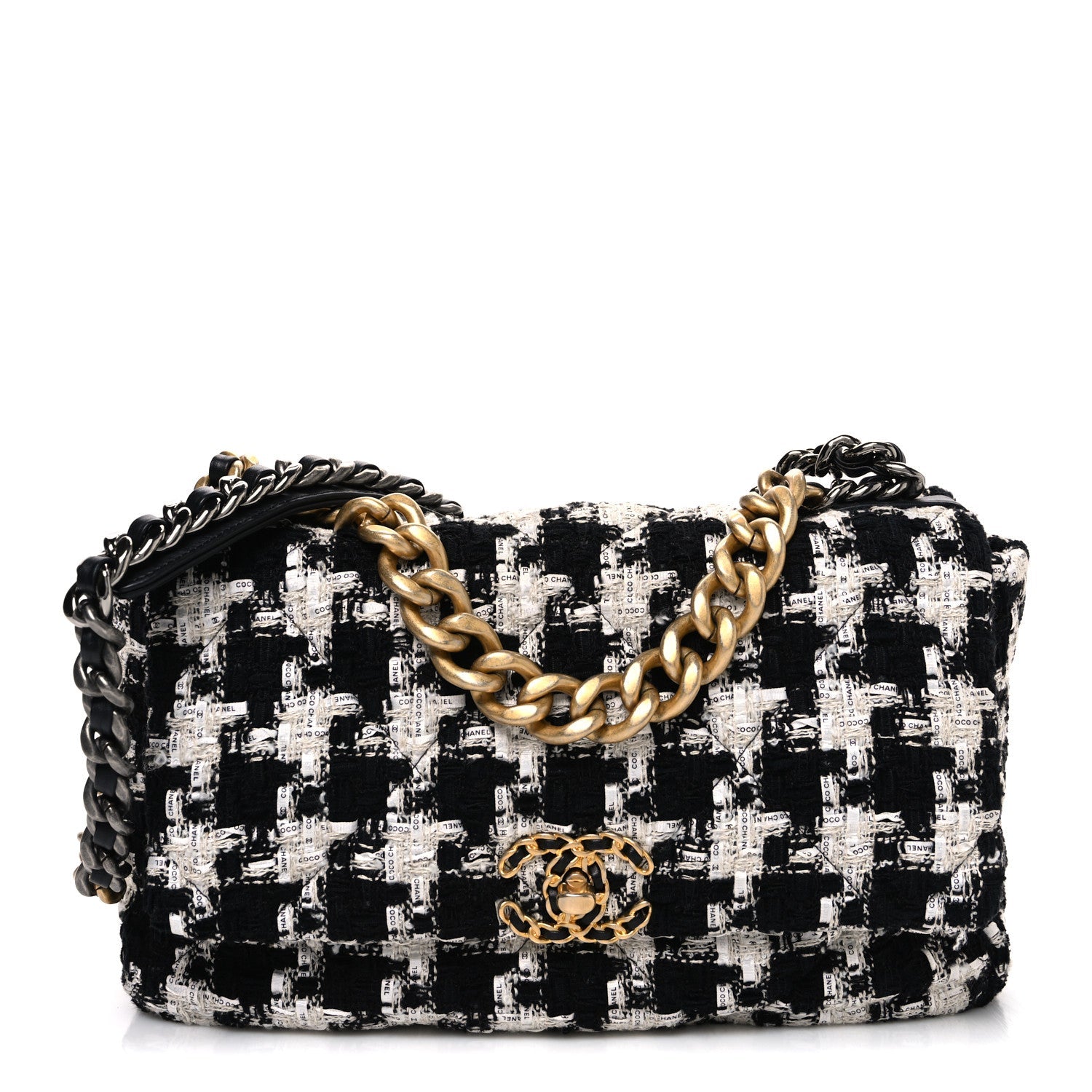 Tweed Quilted Large Chanel 19 Flap Black Ecru White