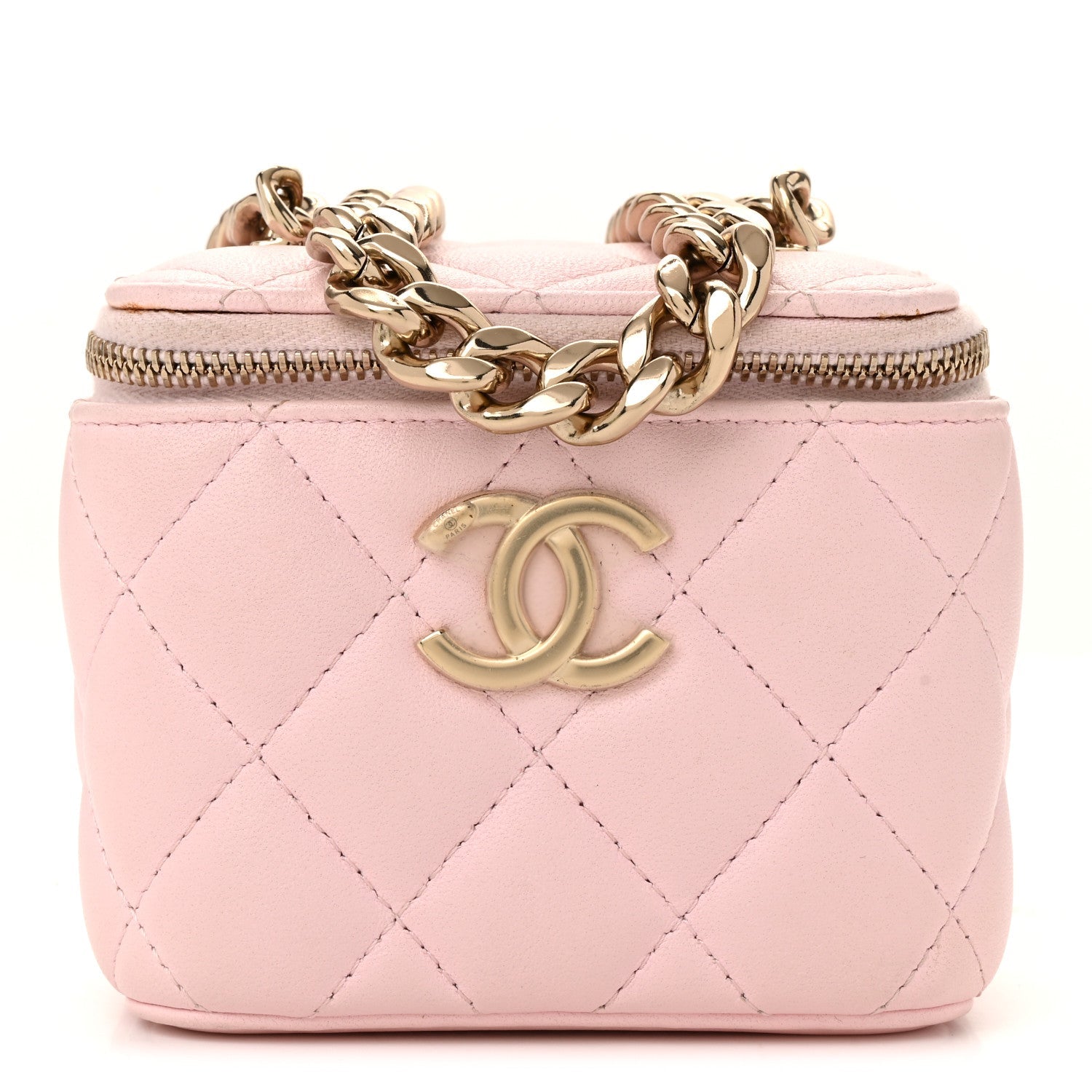 Lambskin Quilted Enamel Coco Mini Vanity Case With Chain Pink