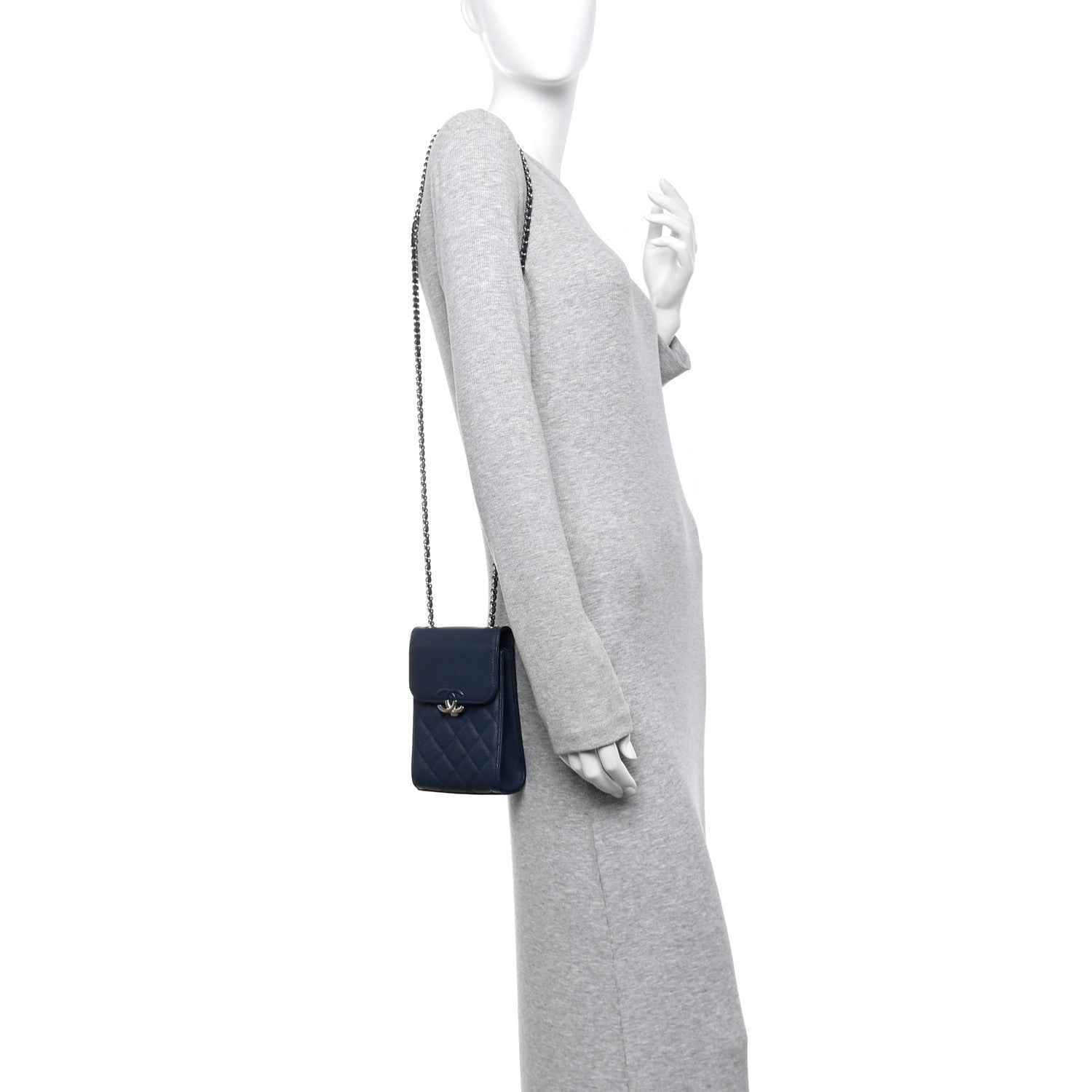 Grained Calfskin Quilted CC Box Clutch With Chain Navy