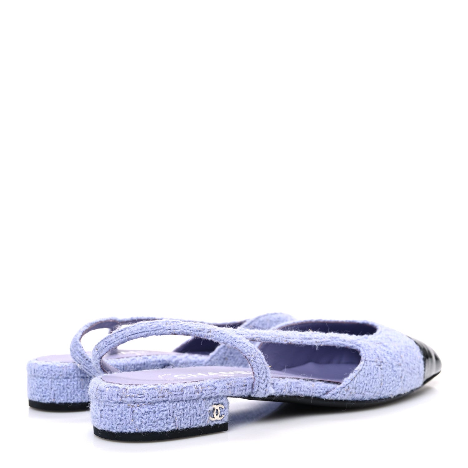 Iridescent Wool Tweed Patent Cap Toe CC Slingback Flats 39.5 Light Purple Silver Black
