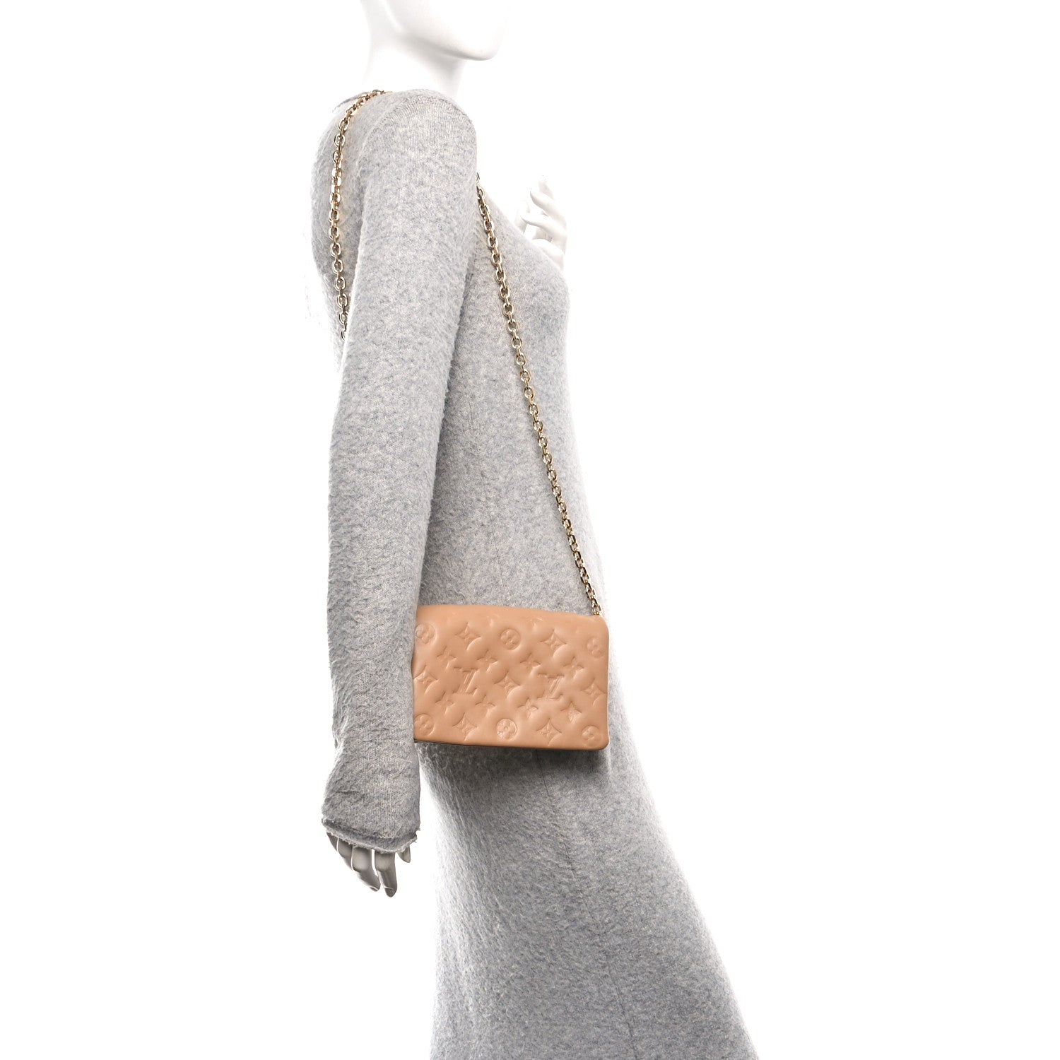 Lambskin Embossed Monogram Pochette Coussin Camel
