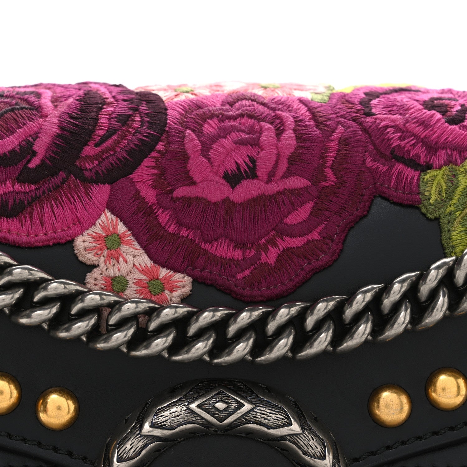 Calfskin Floral Embroidered Studded Small Dionysus Shoulder Bag Black