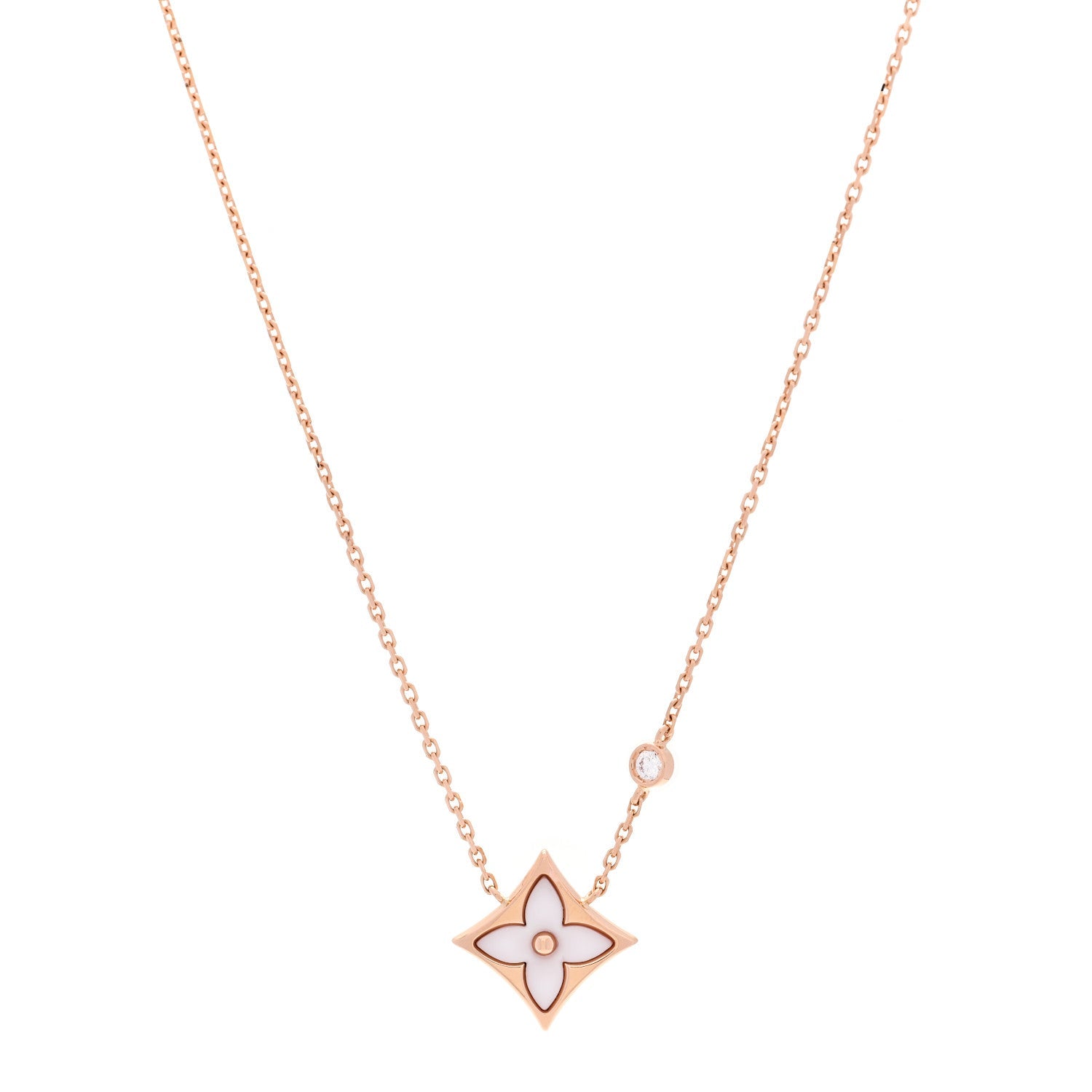 18K Pink Gold Diamond Pink Mother of Pearl Color Blossom BB Star Pendant Necklace