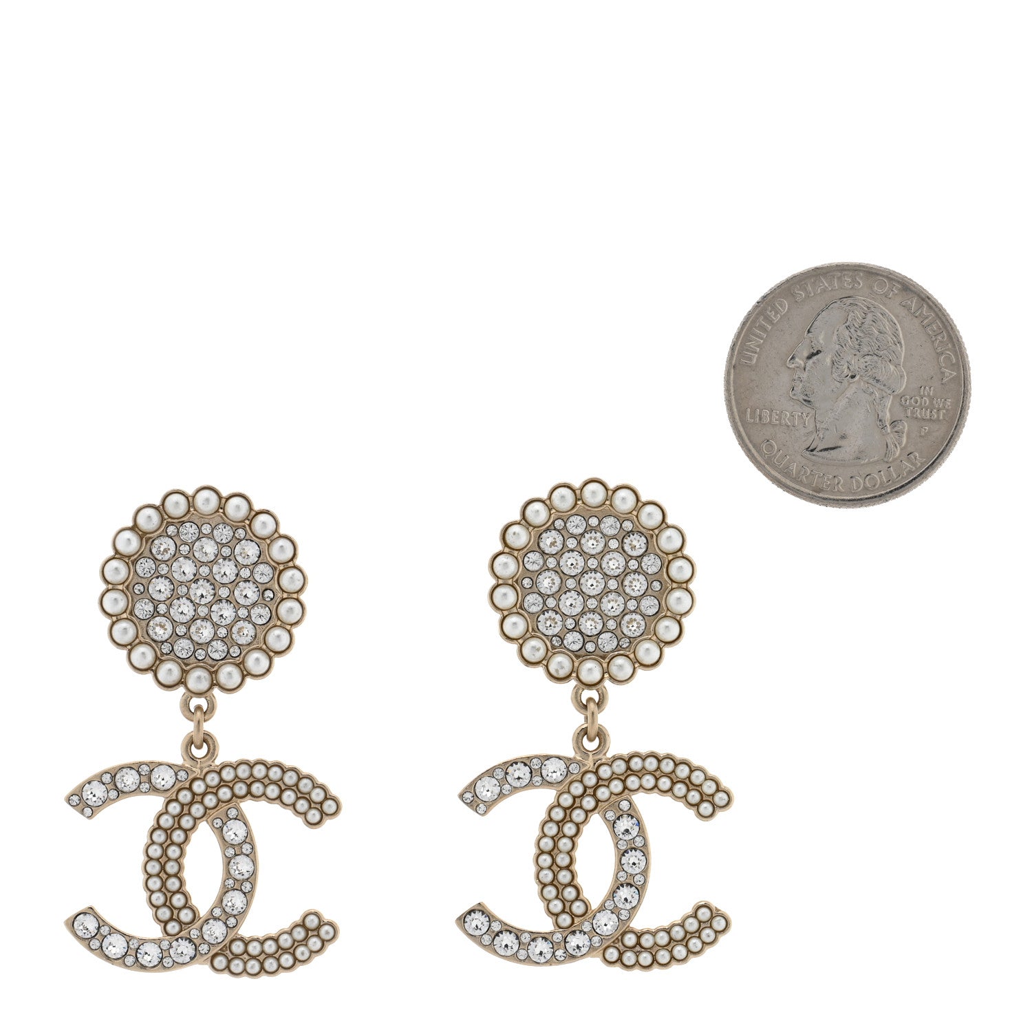 Crystal Pearl CC Drop Round Earrings Gold