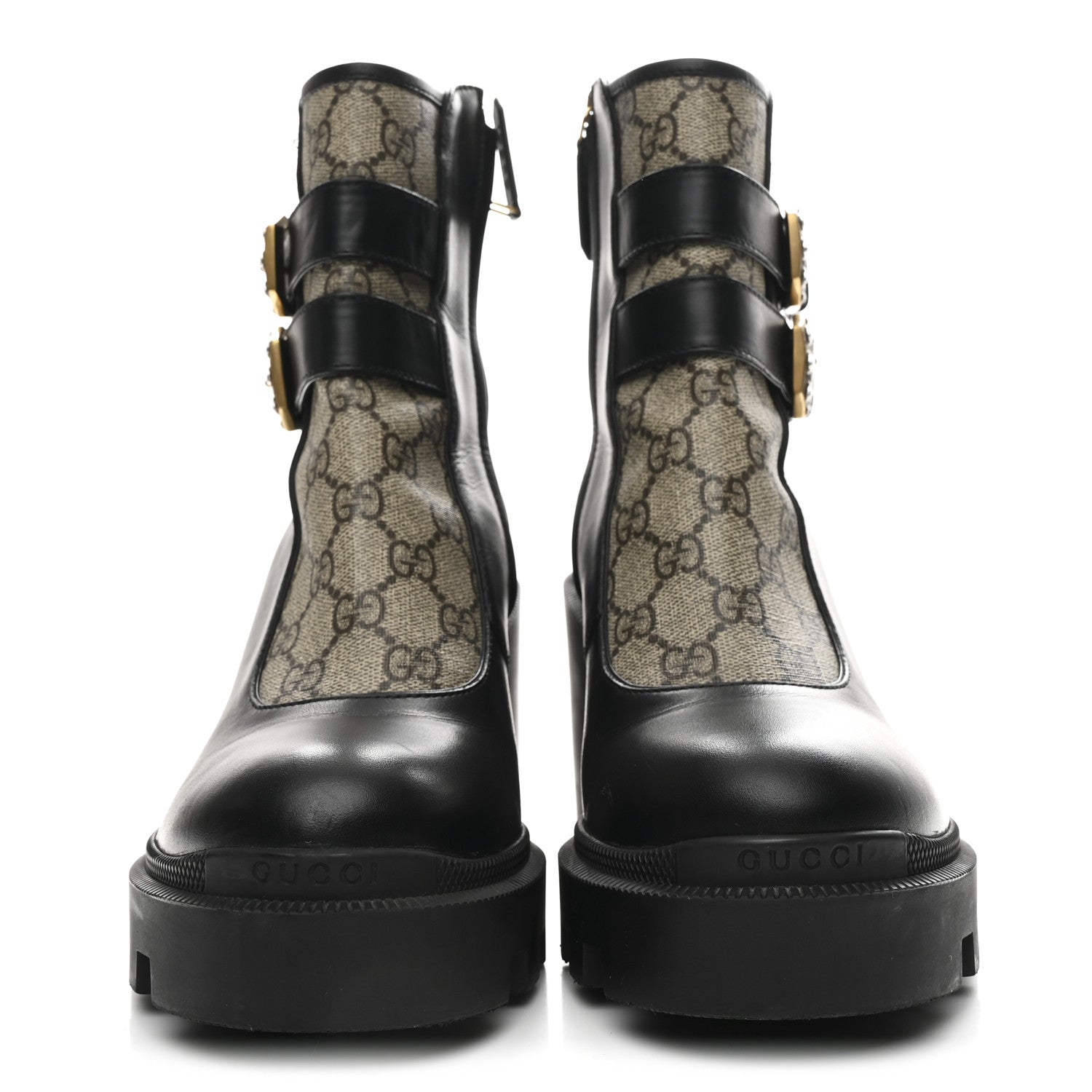 Kensington Calfskin Nappa GG Supreme Monogram Womens Double Buckle Ankle Boots 39 Black