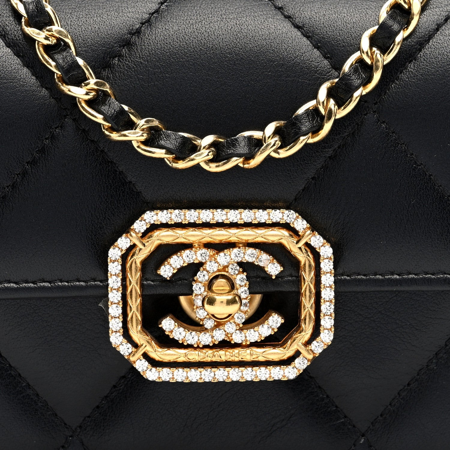 Calfskin Strass Quilted Clutch With Chain Flap Black