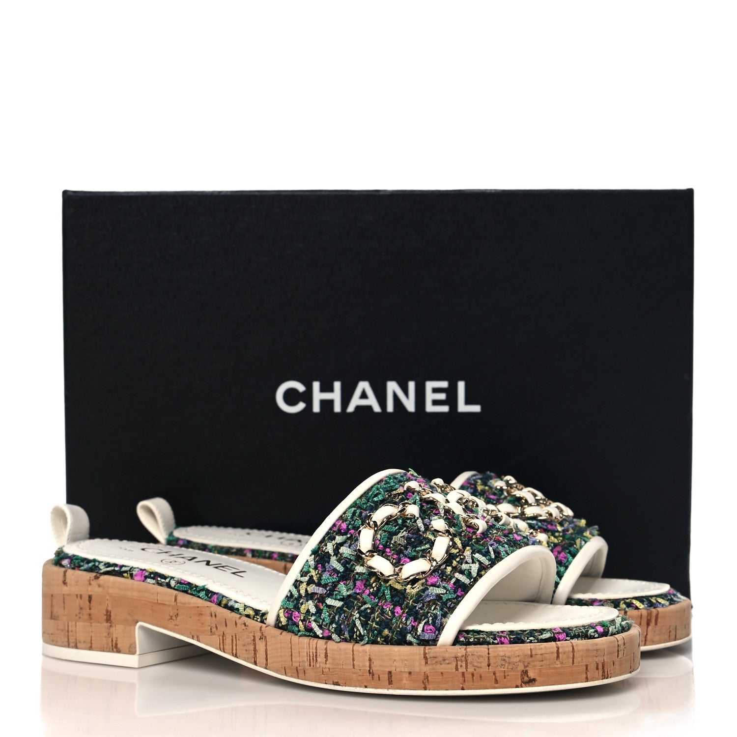 Tweed Cork CC Chain Mule Sandal 36.5 Green Multicolor