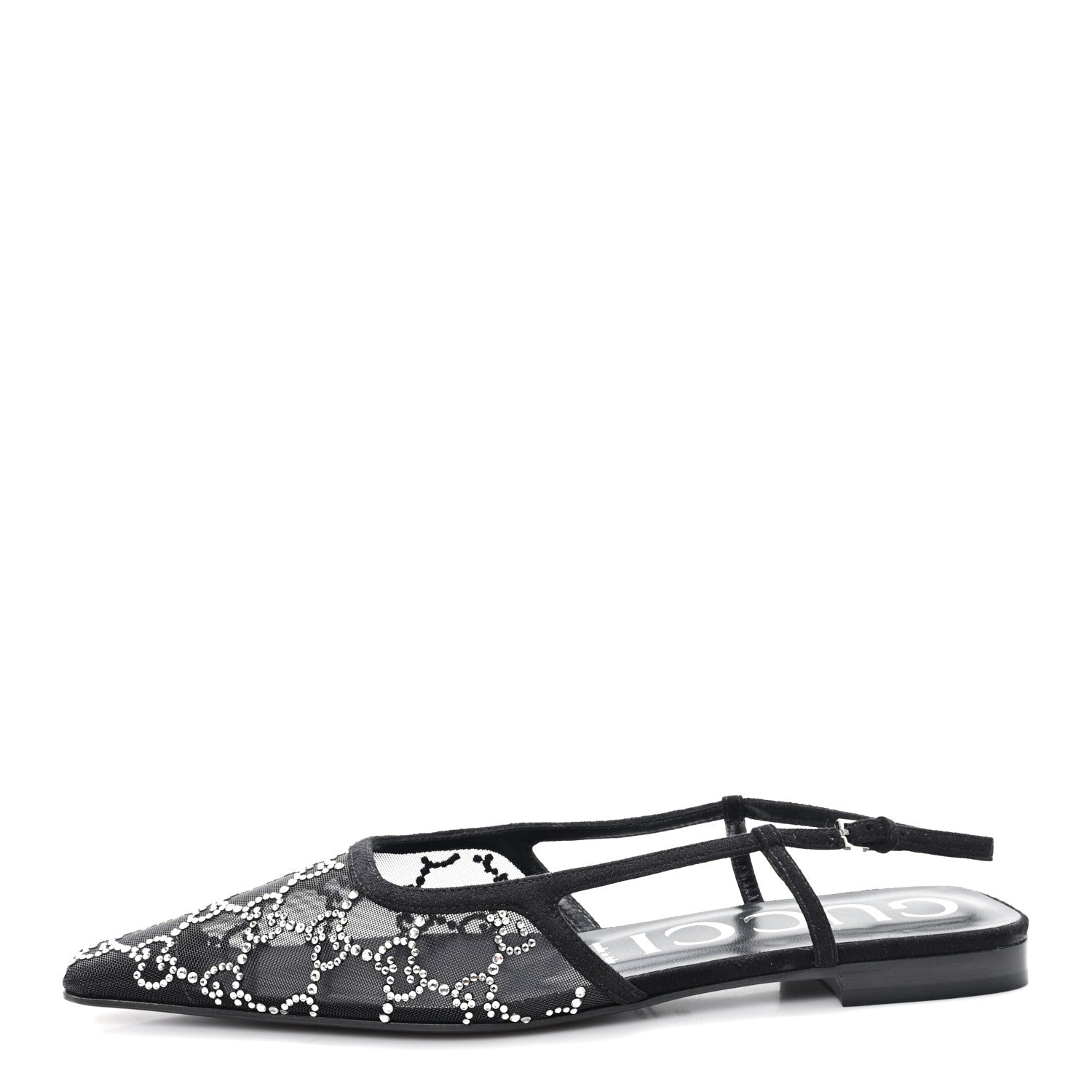 Suede Mesh Crystal GG Monogram Slingback Ballet Flats 39 Black