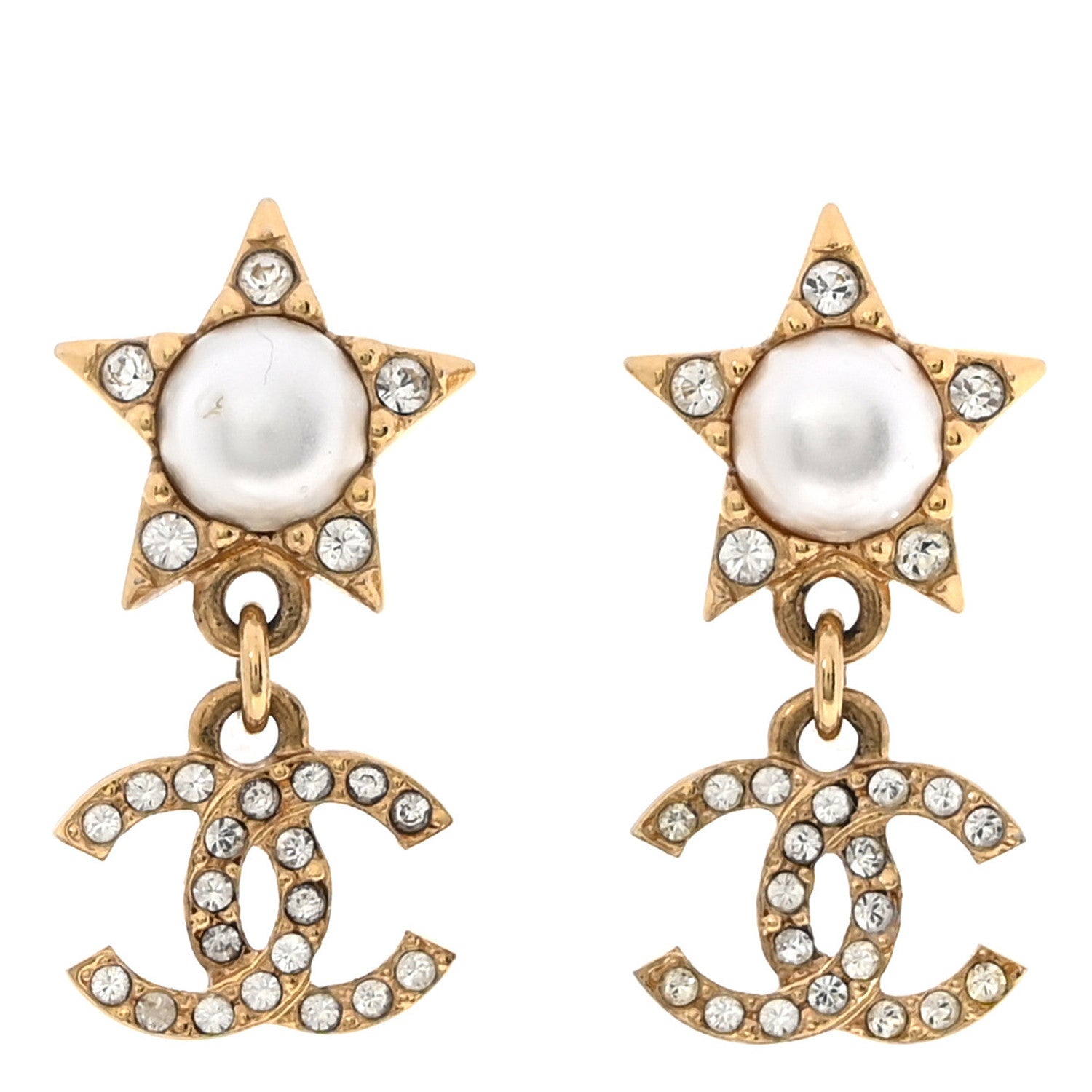 Crystal CC Pearl Star Drop Earrings Gold