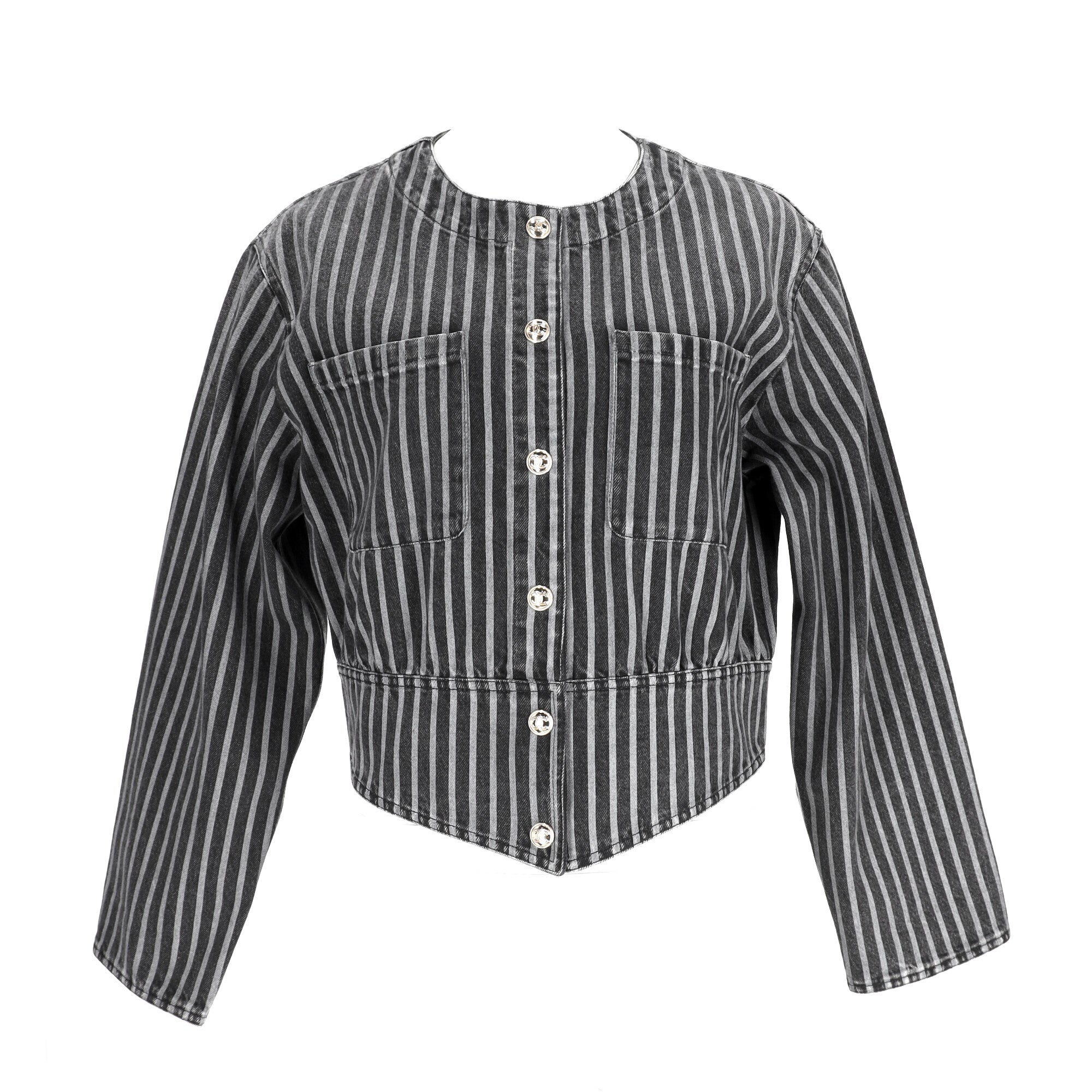 Women's Chanel Striped Button-Down Denim Jacket in Black Cotton