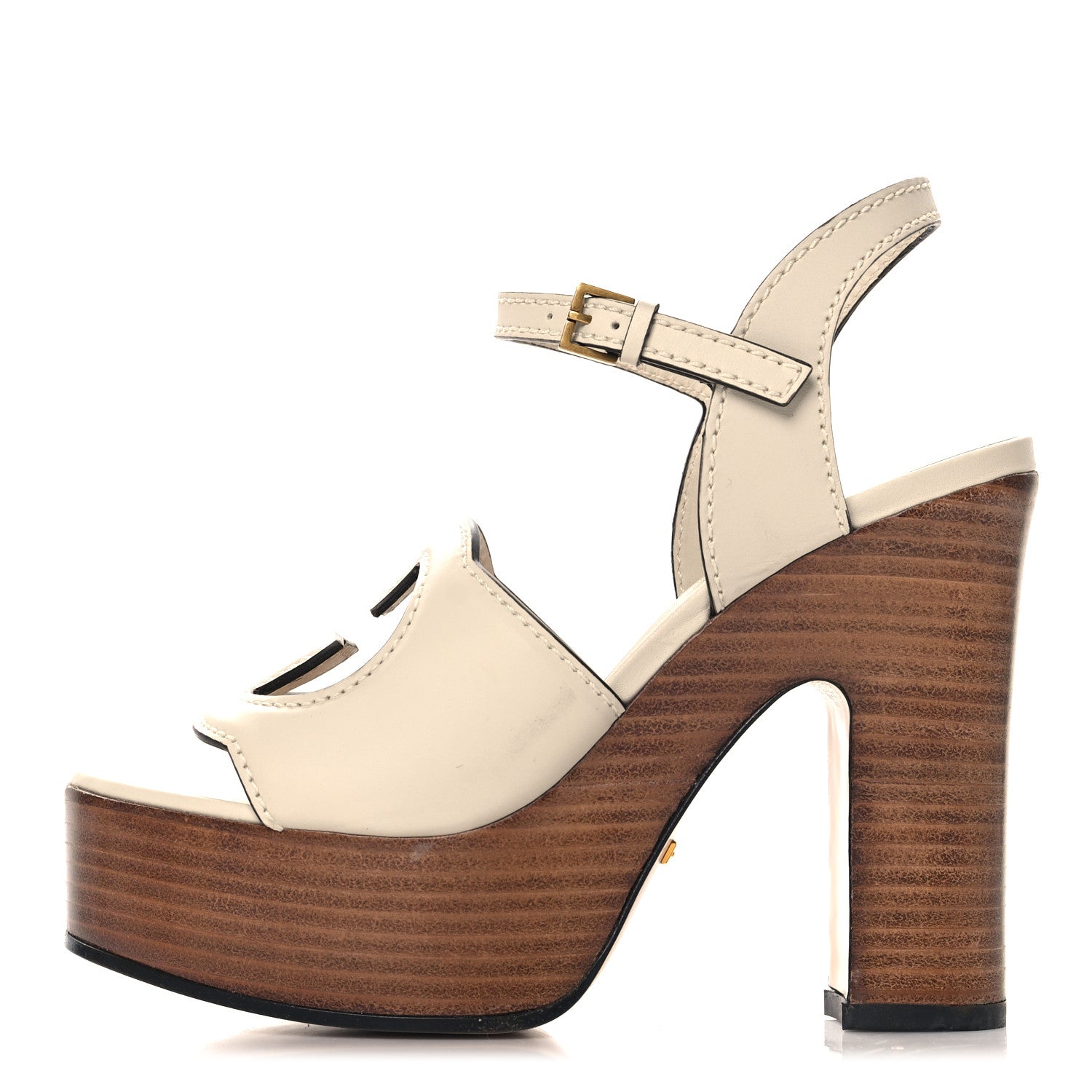 Cosmos Softy Calfskin Wooden Interlocking G Cut-Out 30/120mm Platform Sandals 35 Mystic White