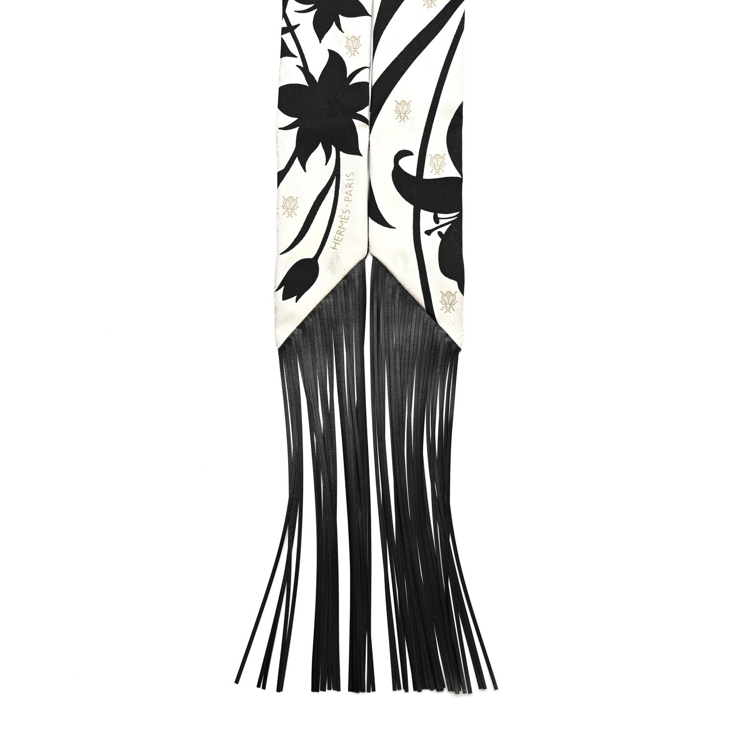Silk Calfskin Bouquet Final Fringed Twilly Creme Black
