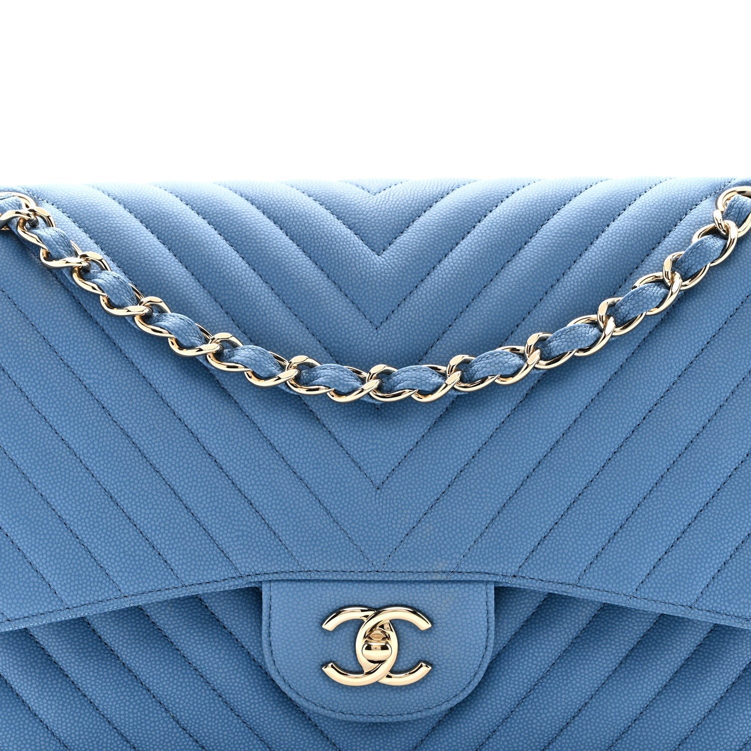 Caviar Flat Chevron Quilted Jumbo Double Flap Blue