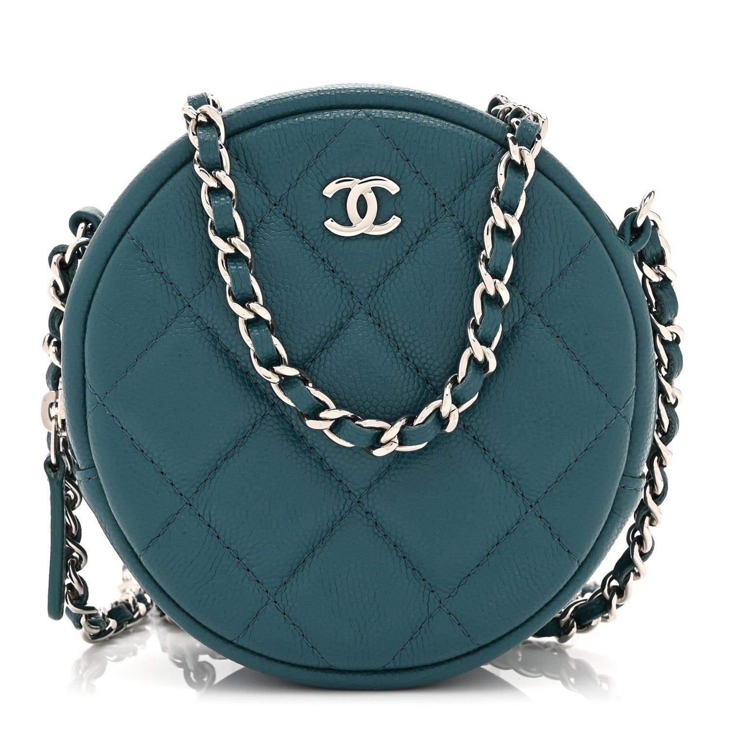 Caviar Quilted Round Clutch With Chain Green