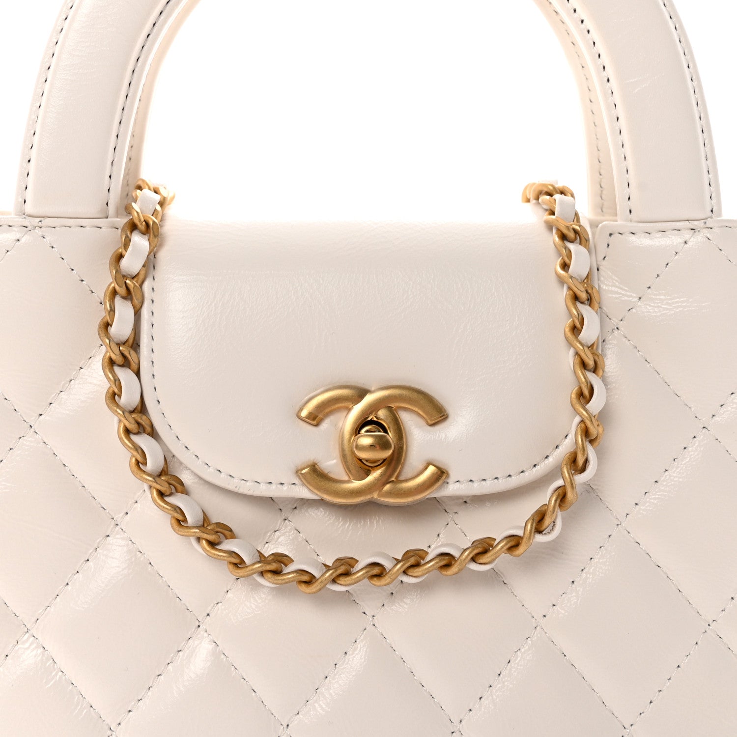 Shiny Aged Calfskin Quilted Nano Kelly Shopper White