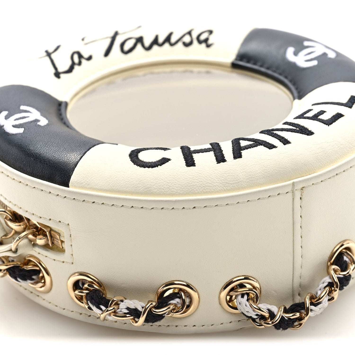 Lambskin Coco Lifesaver Round Bag Black White