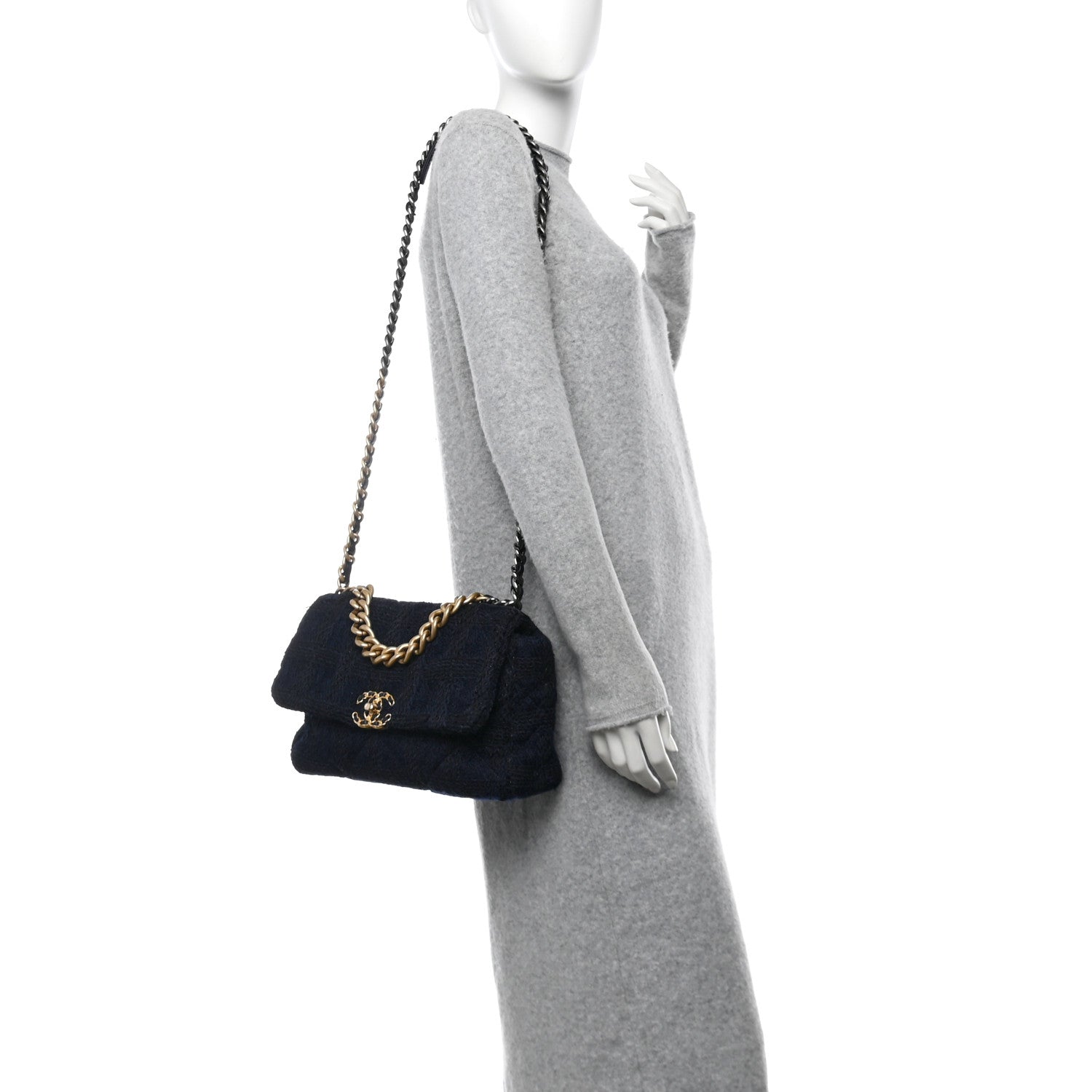 Tweed Quilted Large Chanel 19 Flap Navy Blue