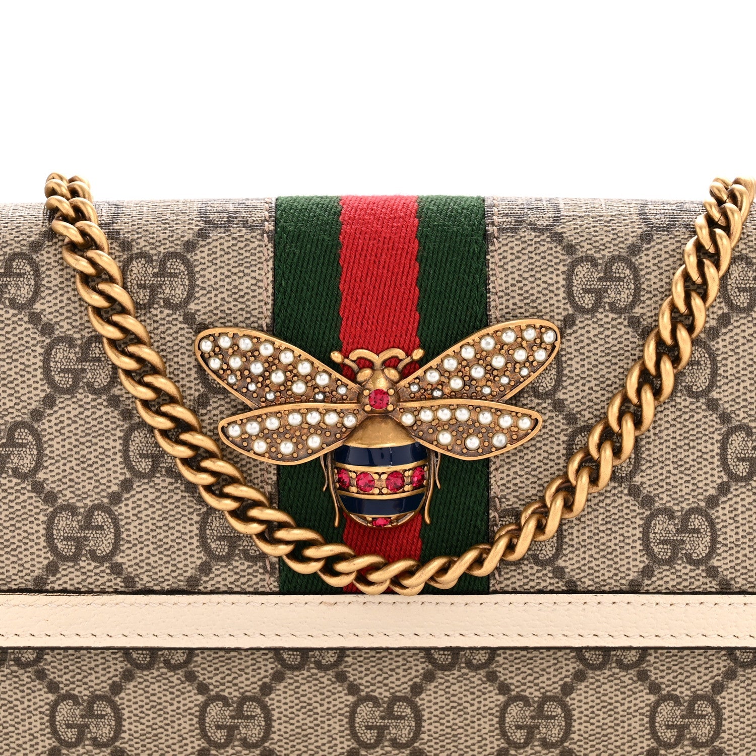 GG Supreme Monogram Web Queen Margaret Chain Wallet White