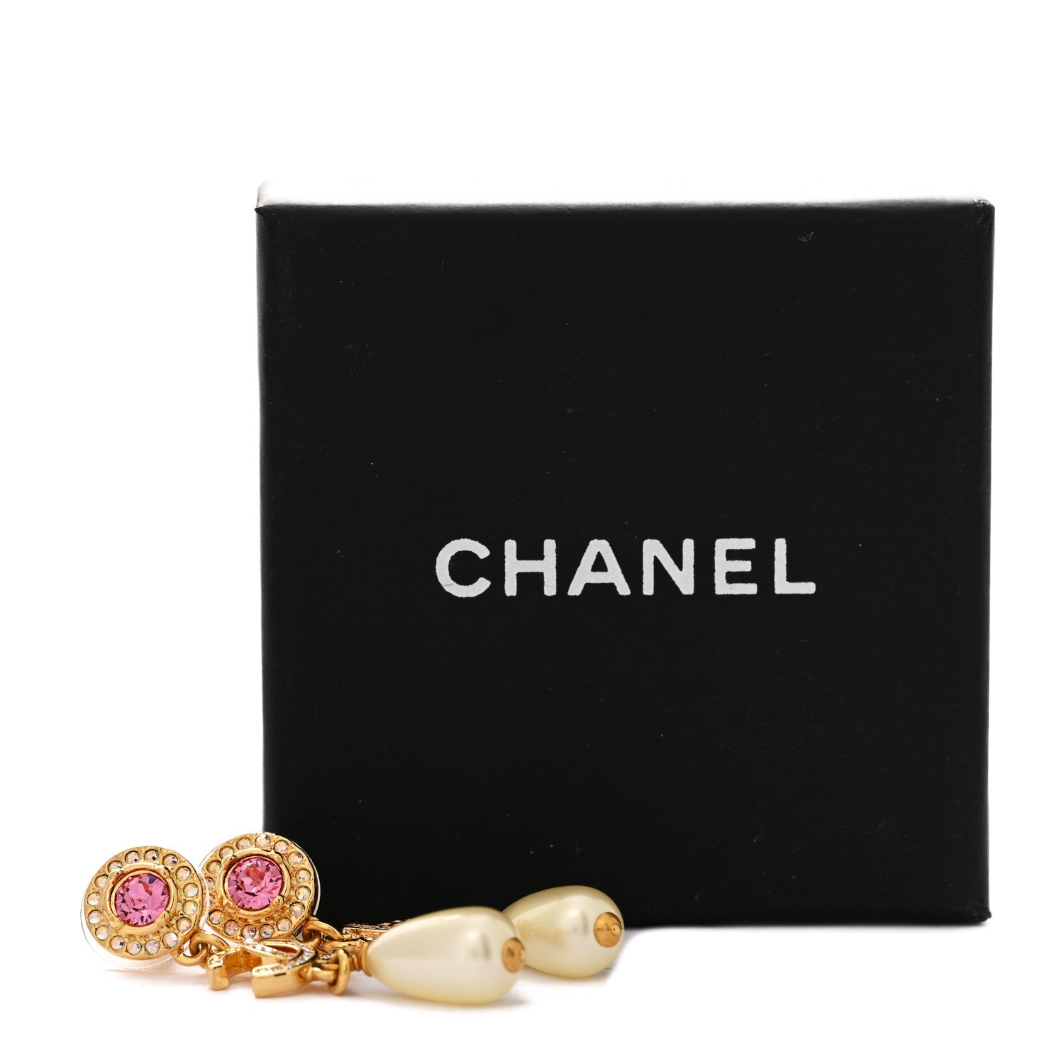 Metal Crystal Pearl CC Drop Earrings Gold Pink White
